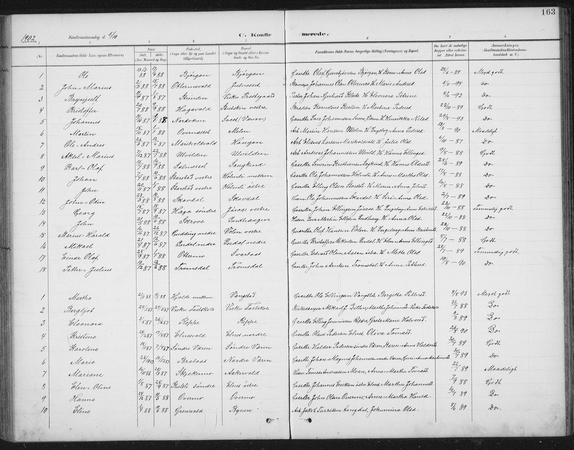 Ministerialprotokoller, klokkerbøker og fødselsregistre - Nord-Trøndelag, SAT/A-1458/724/L0269: Parish register (copy) no. 724C05, 1899-1920, p. 163