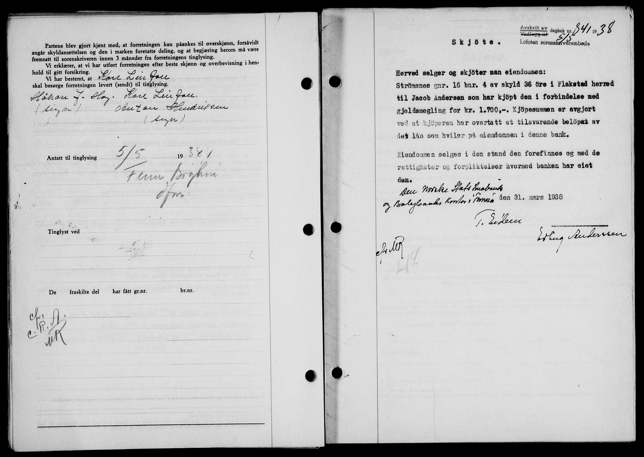 Lofoten sorenskriveri, SAT/A-0017/1/2/2C/L0004a: Mortgage book no. 4a, 1938-1938, Diary no: : 841/1938