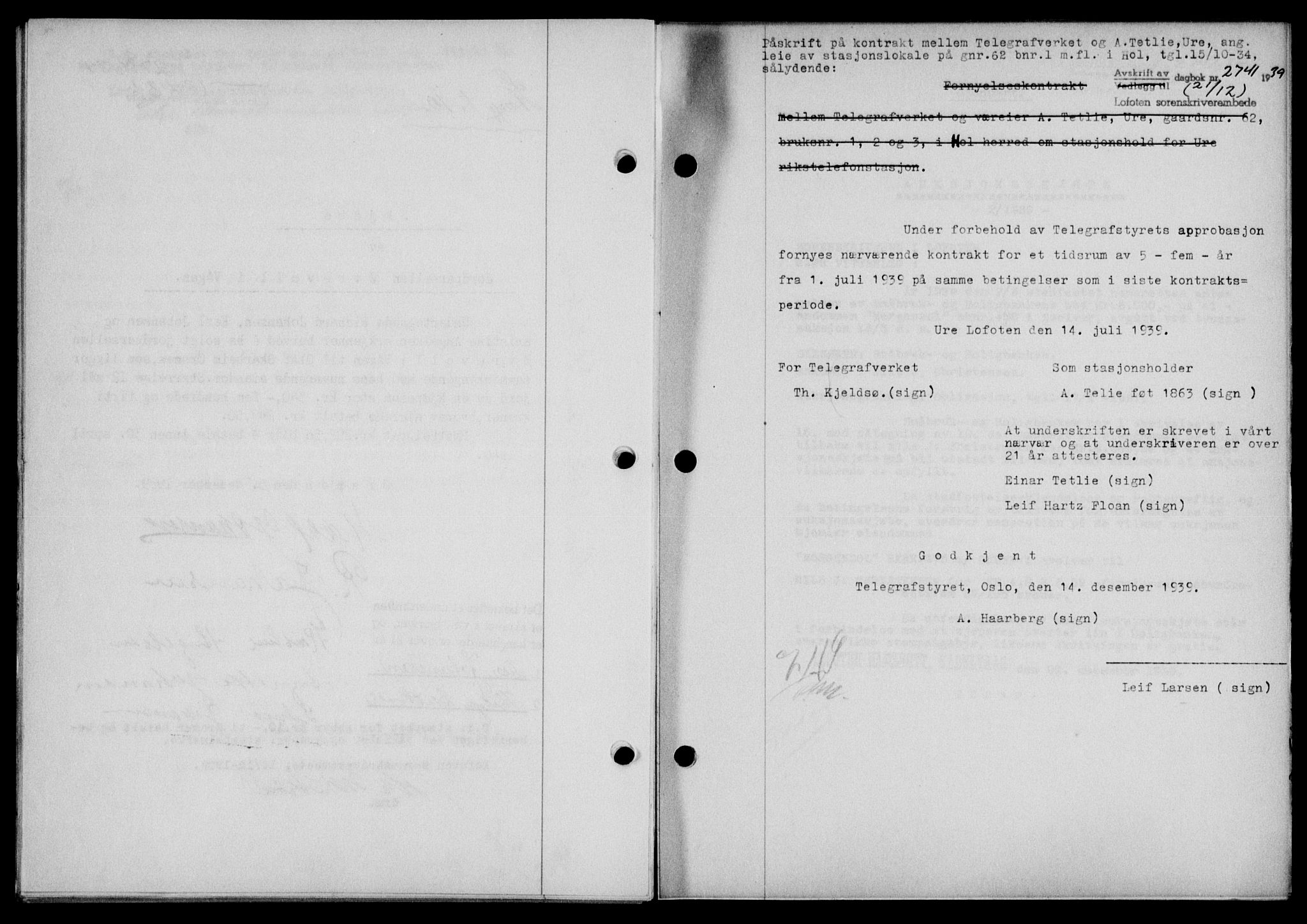 Lofoten sorenskriveri, SAT/A-0017/1/2/2C/L0007a: Mortgage book no. 7a, 1939-1940, Diary no: : 2741/1939