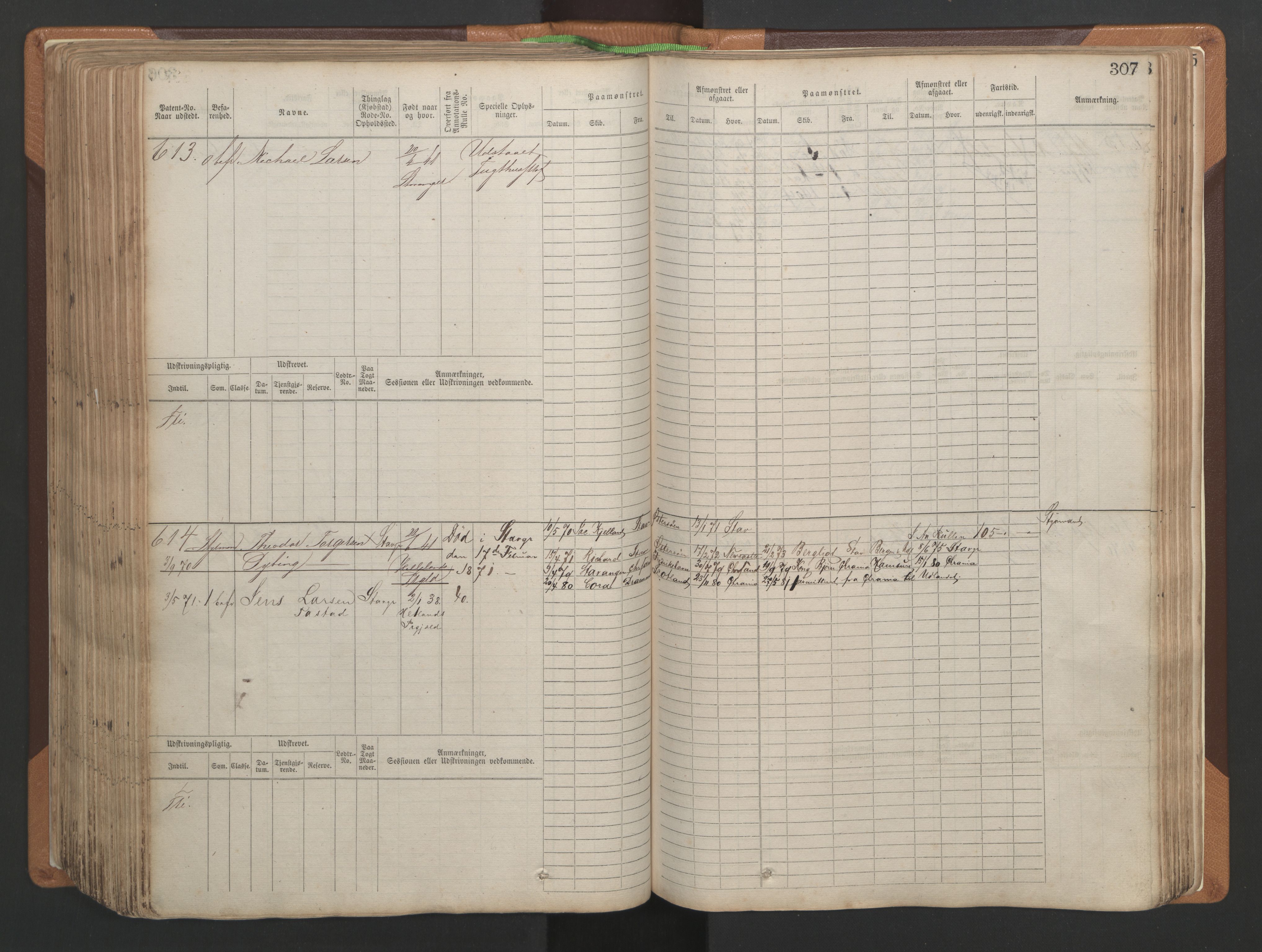 Stavanger sjømannskontor, AV/SAST-A-102006/F/Fb/Fbb/L0004: Sjøfartshovedrulle, patentnr. 1-792 (del 1), 1869-1880, p. 313