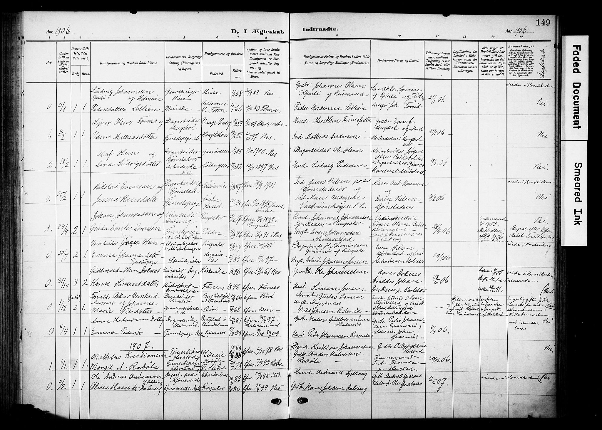 Nes prestekontor, Hedmark, AV/SAH-PREST-020/K/Ka/L0013: Parish register (official) no. 13, 1906-1924, p. 149