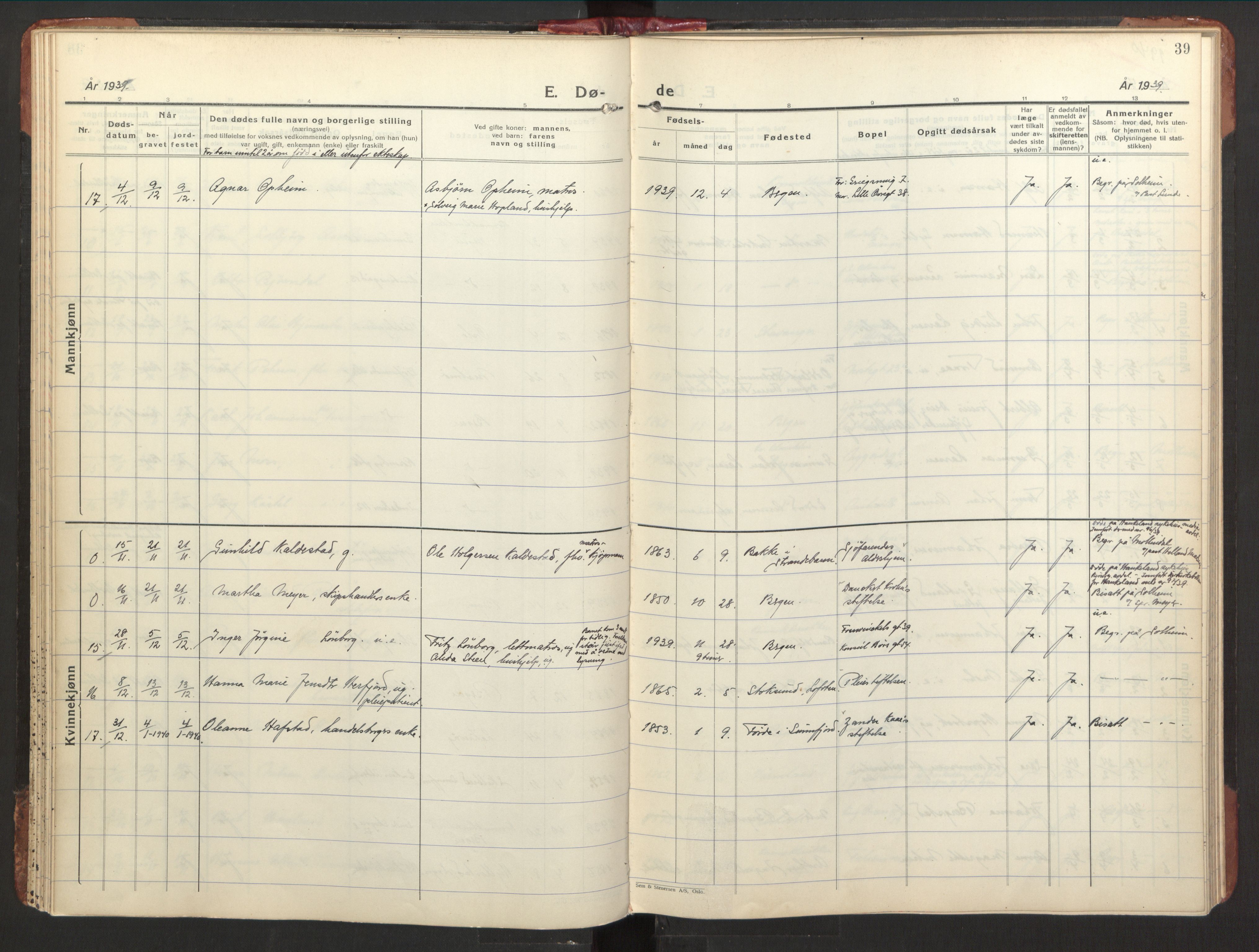 St. Jørgens hospital og Årstad sokneprestembete, AV/SAB-A-99934: Parish register (official) no. A 15, 1936-1953, p. 39