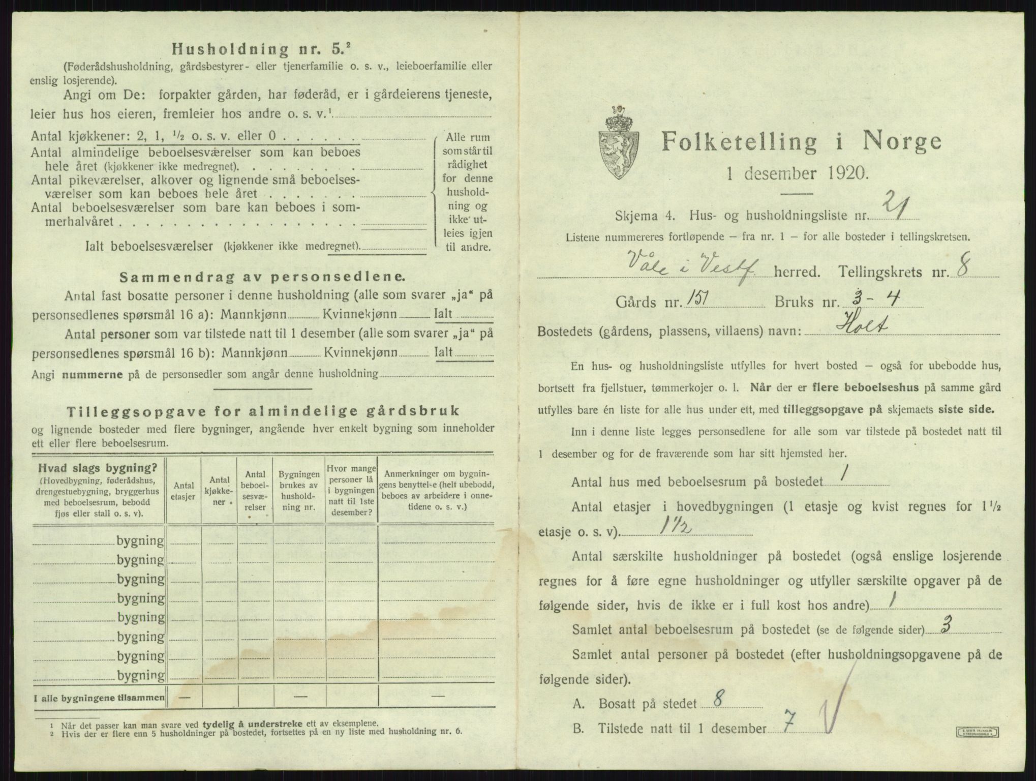SAKO, 1920 census for Våle, 1920, p. 1014