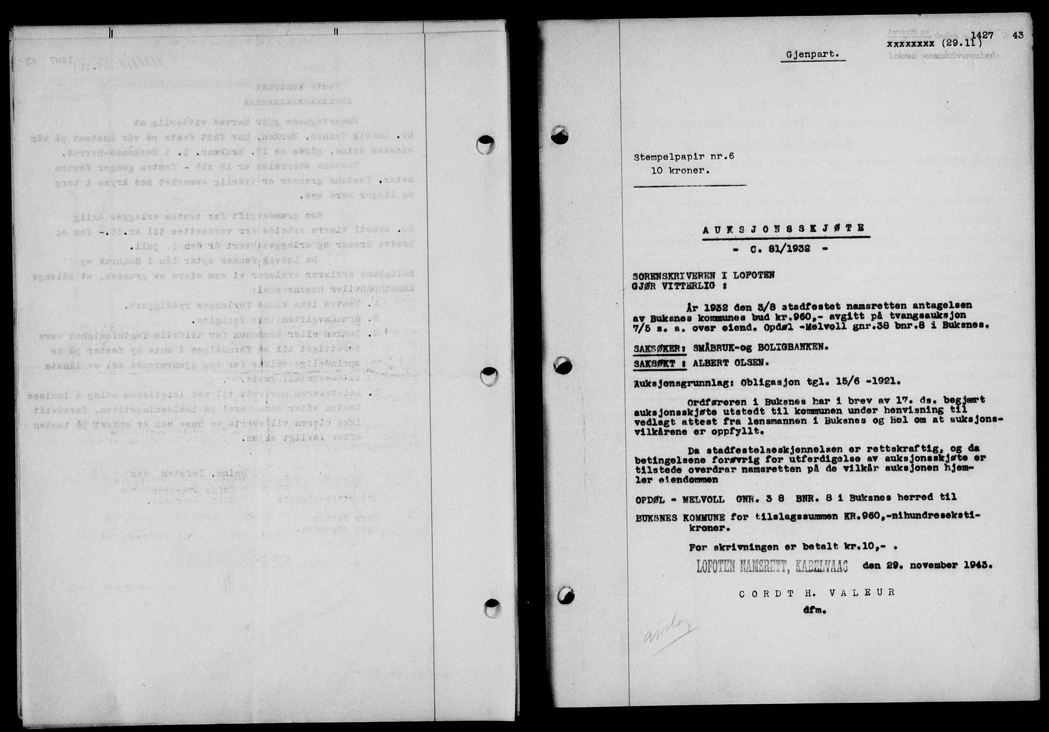 Lofoten sorenskriveri, SAT/A-0017/1/2/2C/L0011a: Mortgage book no. 11a, 1943-1943, Diary no: : 1427/1943