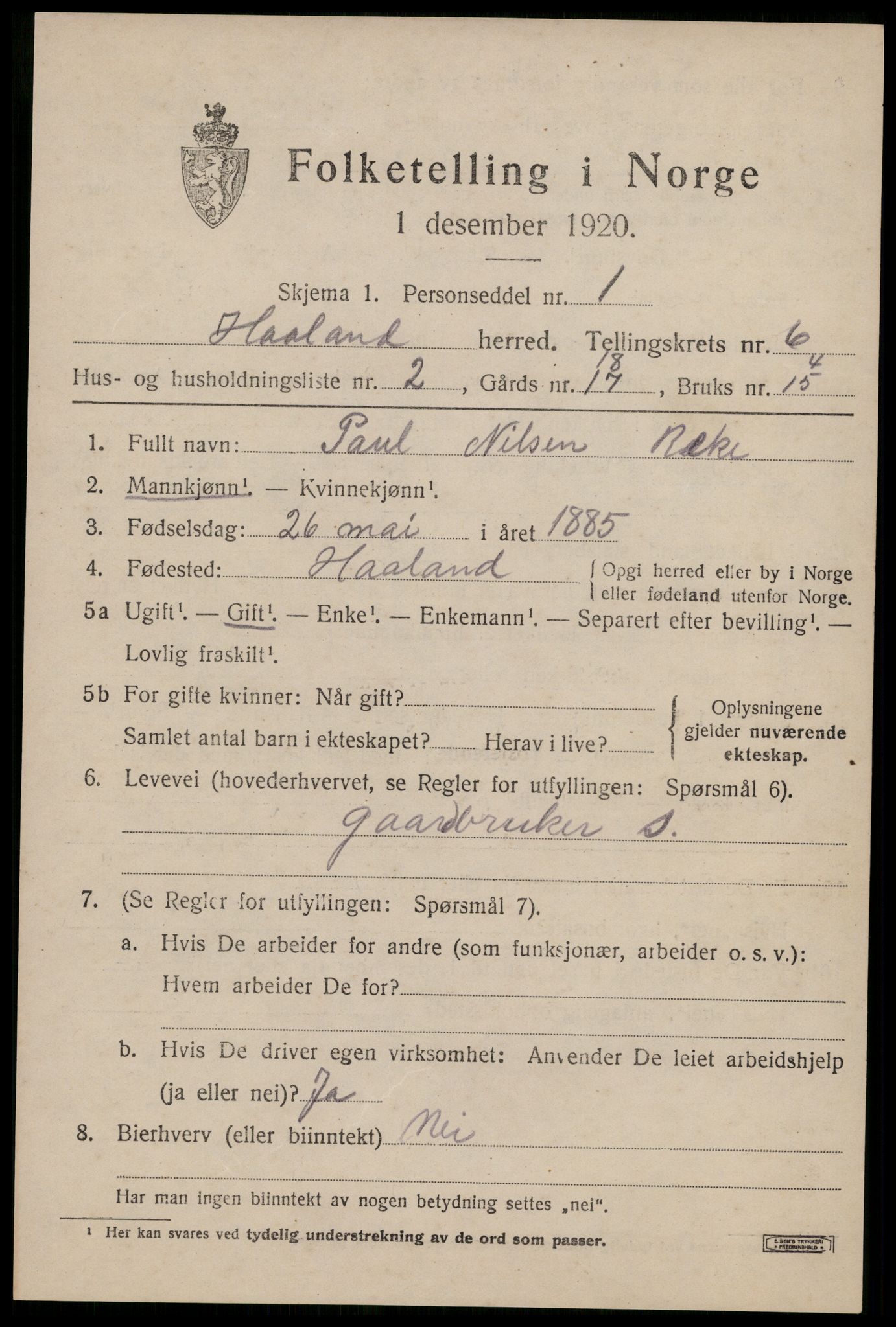 SAST, 1920 census for Håland, 1920, p. 5041