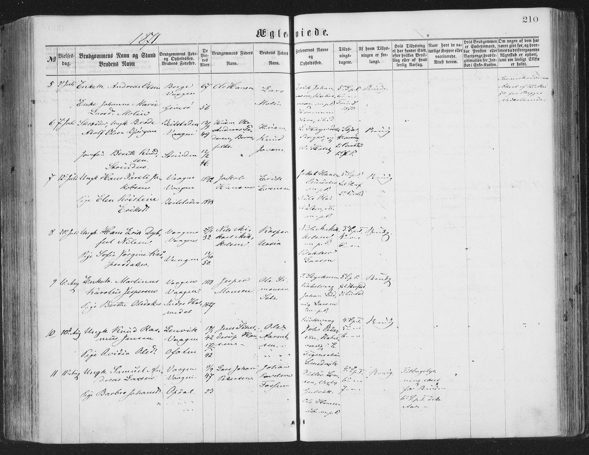 Ministerialprotokoller, klokkerbøker og fødselsregistre - Nordland, AV/SAT-A-1459/874/L1057: Parish register (official) no. 874A01, 1866-1877, p. 210