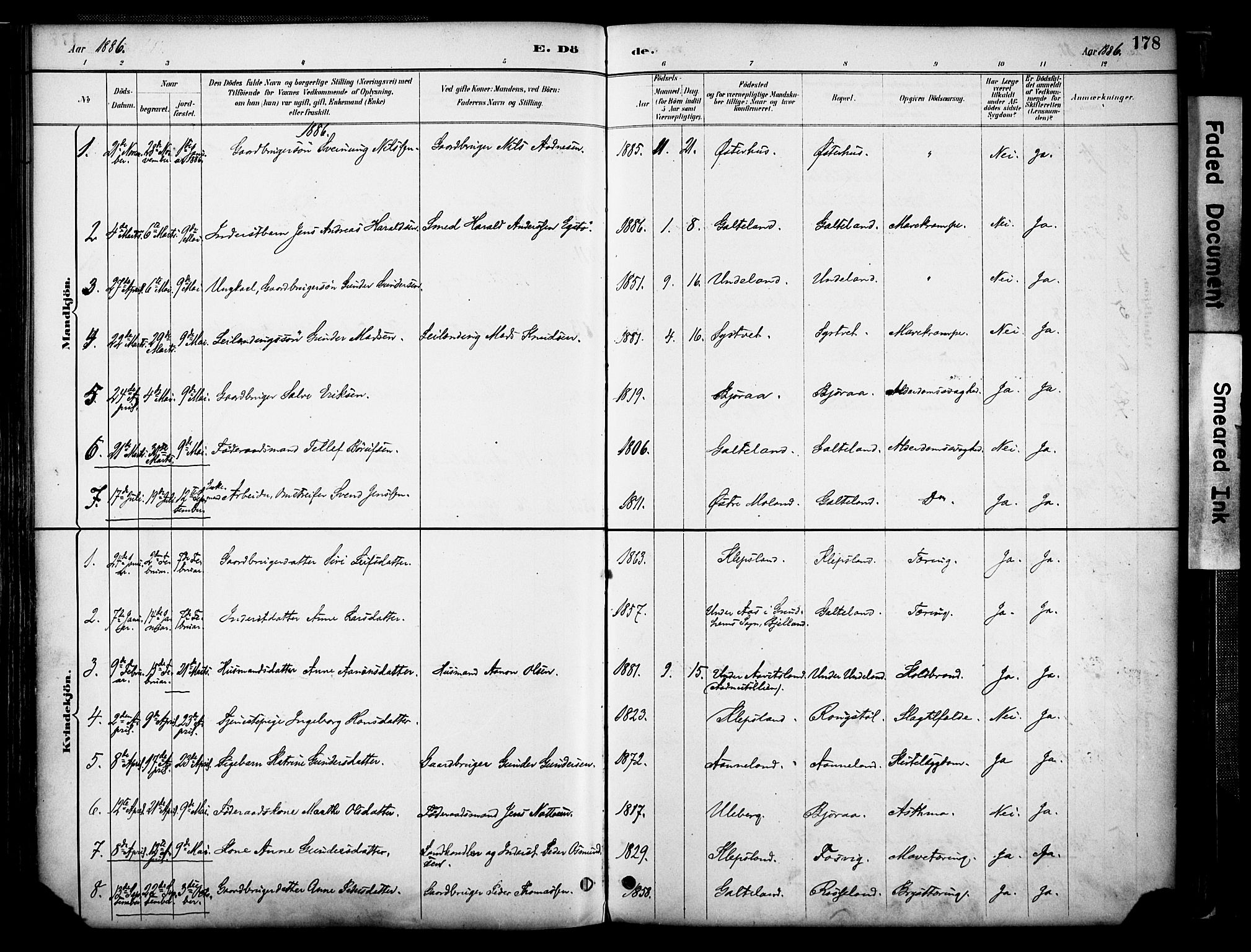 Evje sokneprestkontor, AV/SAK-1111-0008/F/Fa/Faa/L0007: Parish register (official) no. A 7, 1884-1909, p. 178