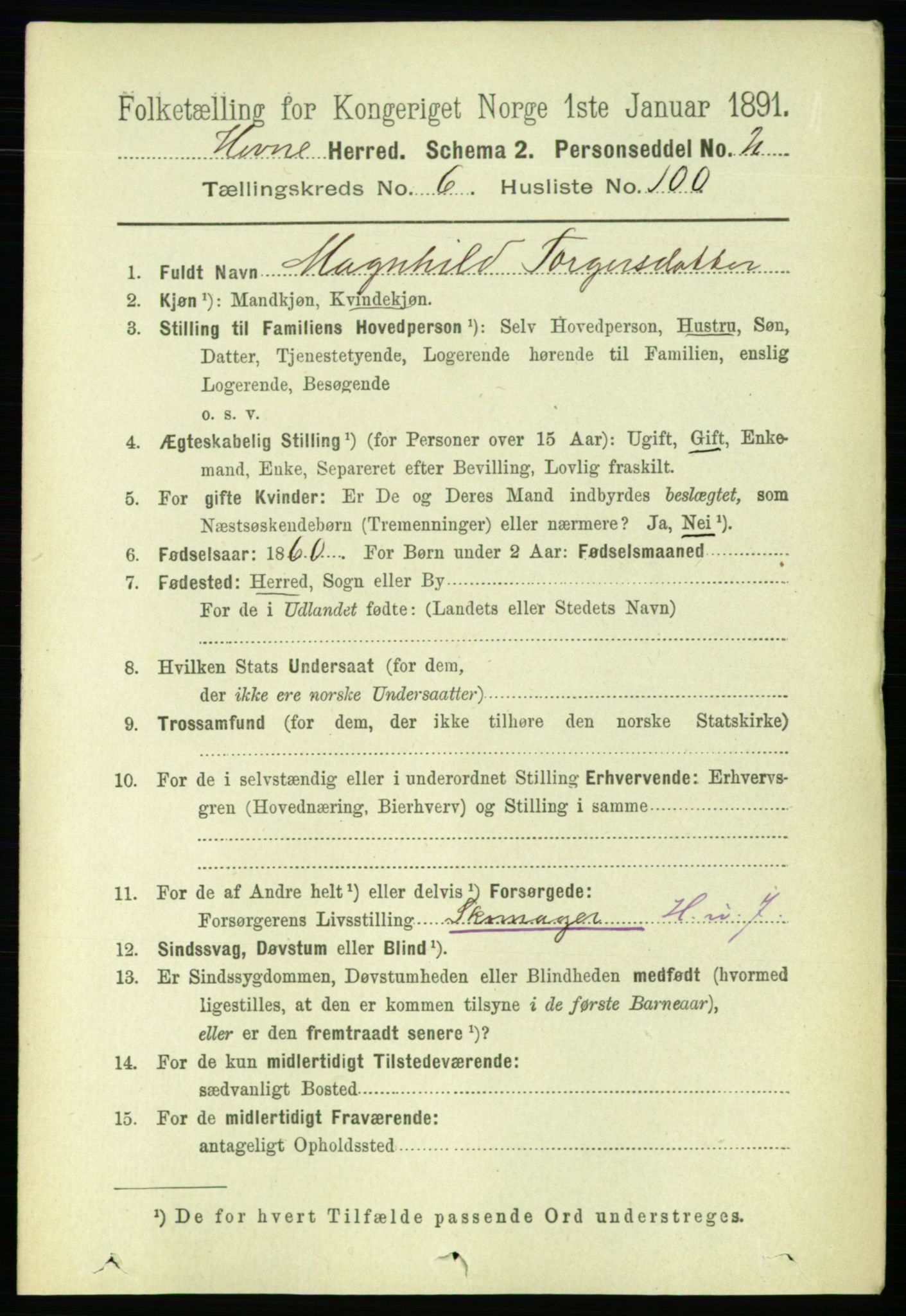 RA, 1891 census for 1612 Hemne, 1891, p. 4041