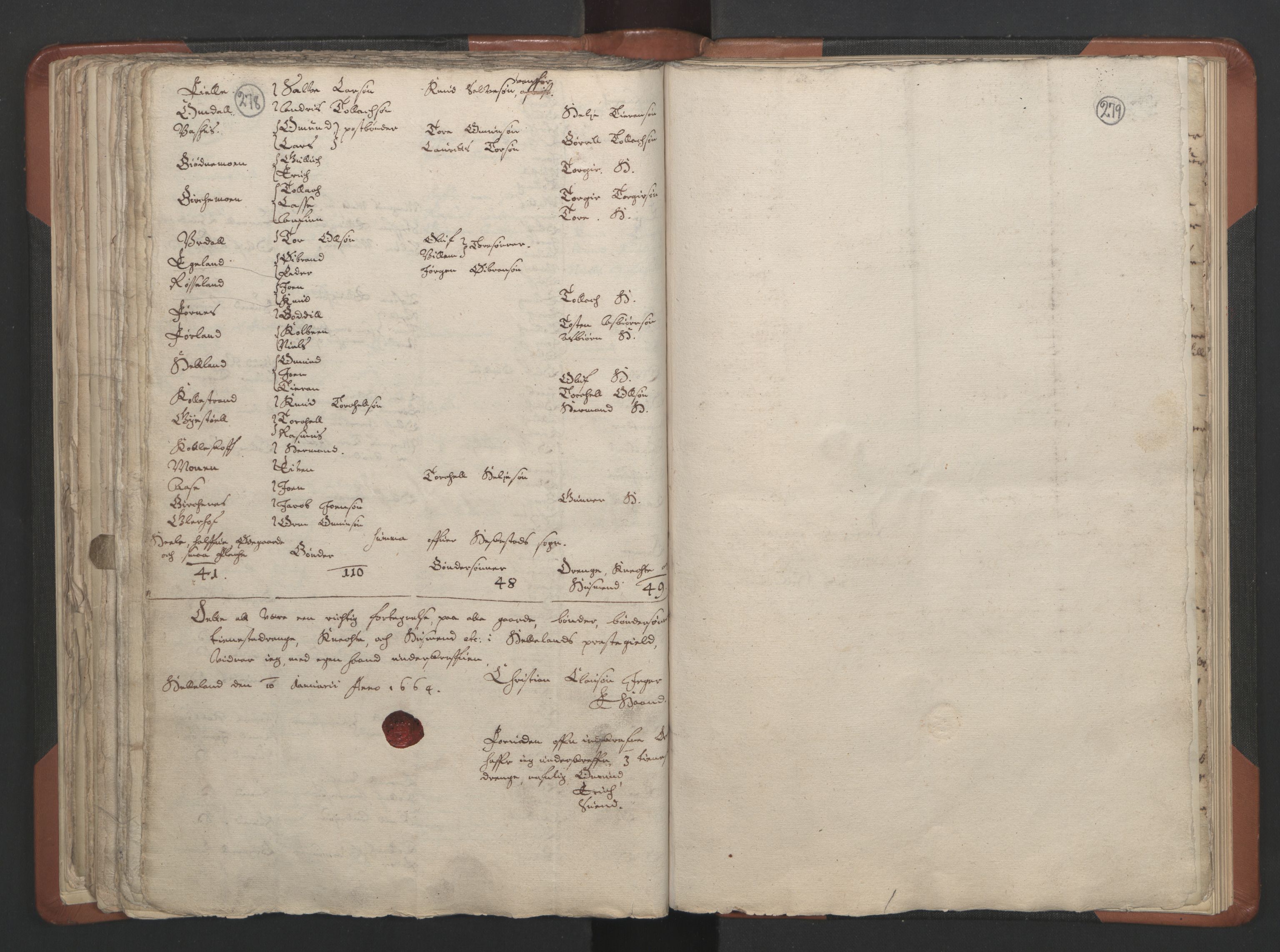 RA, Vicar's Census 1664-1666, no. 17: Jæren deanery and Dalane deanery, 1664-1666, p. 278-279