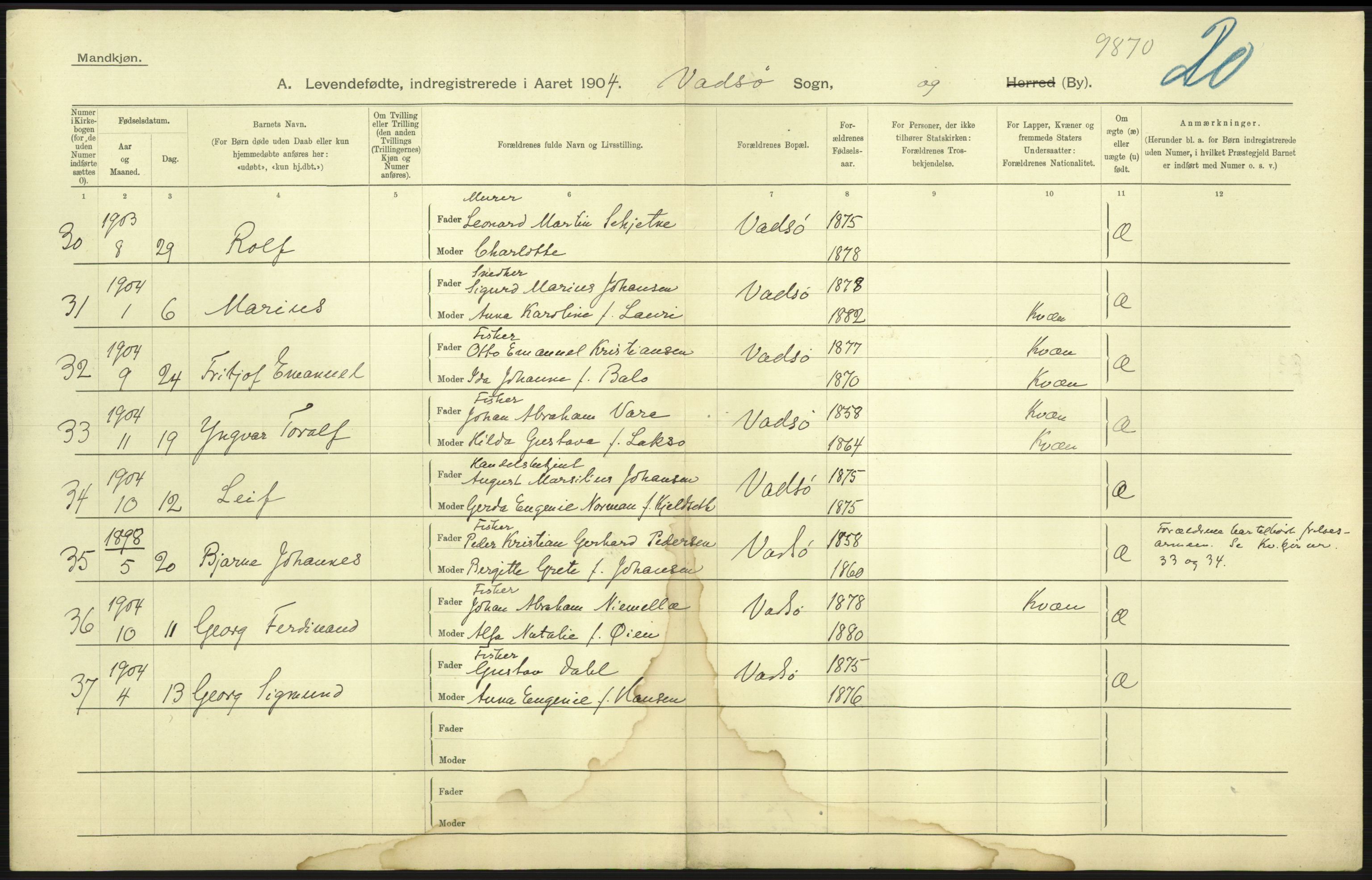 Statistisk sentralbyrå, Sosiodemografiske emner, Befolkning, AV/RA-S-2228/D/Df/Dfa/Dfab/L0023: Finnmarkens amt: Fødte, gifte, døde, 1904, p. 143