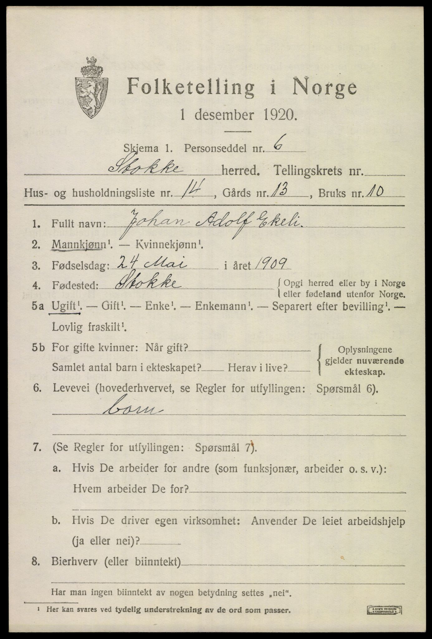 SAKO, 1920 census for Stokke, 1920, p. 3138