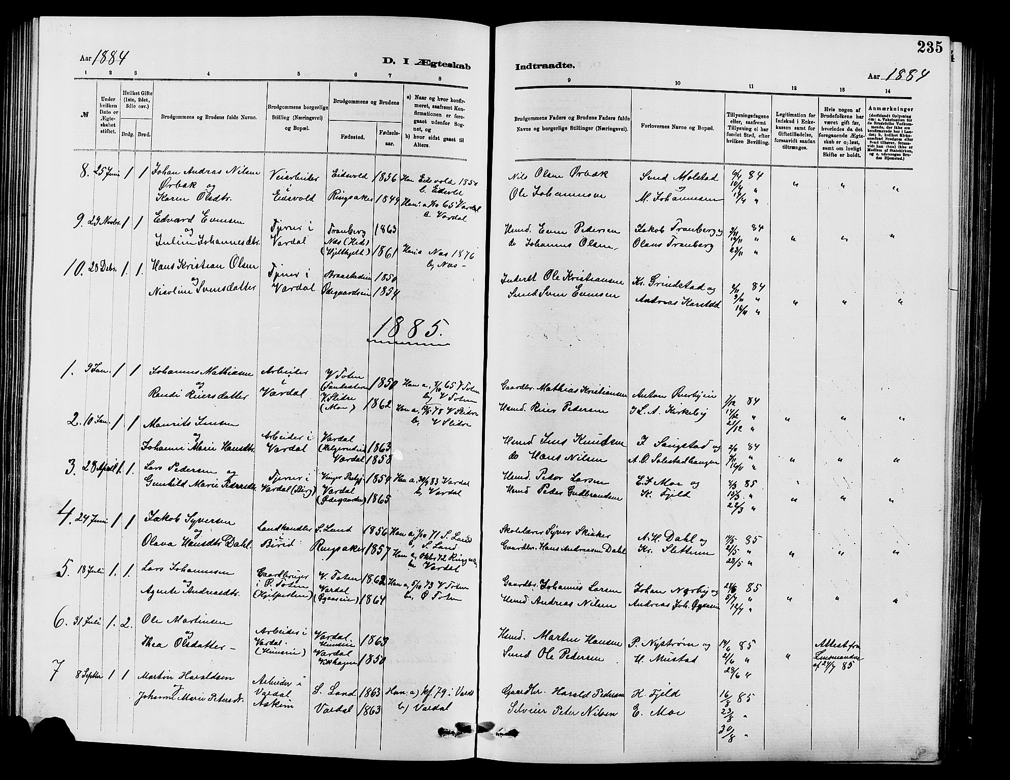 Vardal prestekontor, SAH/PREST-100/H/Ha/Hab/L0007: Parish register (copy) no. 7 /1, 1881-1895, p. 235