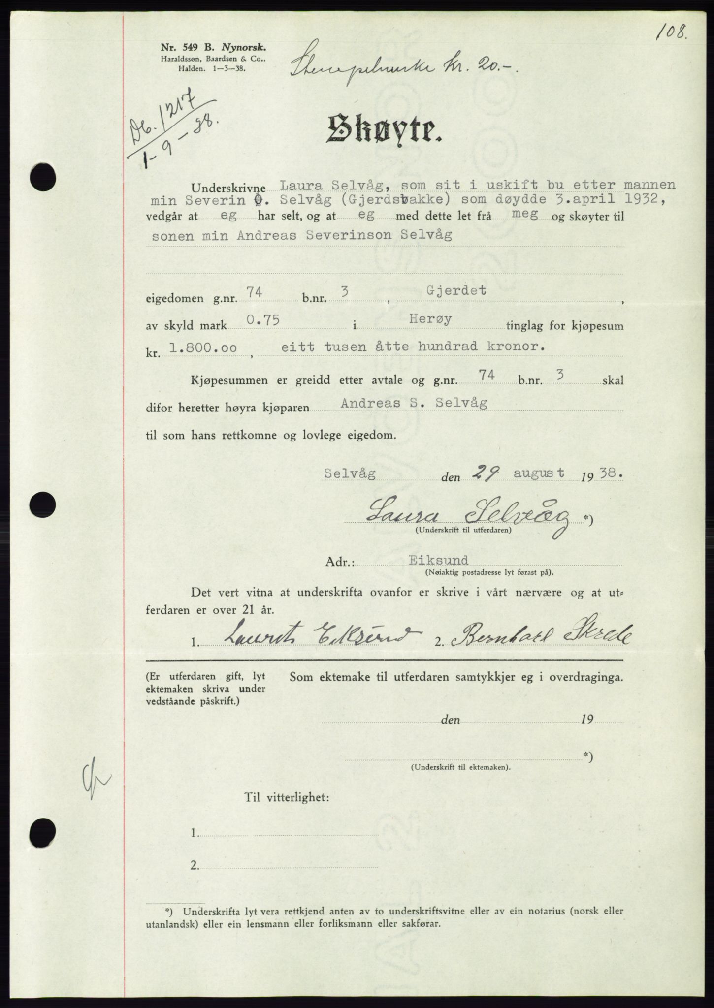 Søre Sunnmøre sorenskriveri, AV/SAT-A-4122/1/2/2C/L0066: Mortgage book no. 60, 1938-1938, Diary no: : 1217/1938