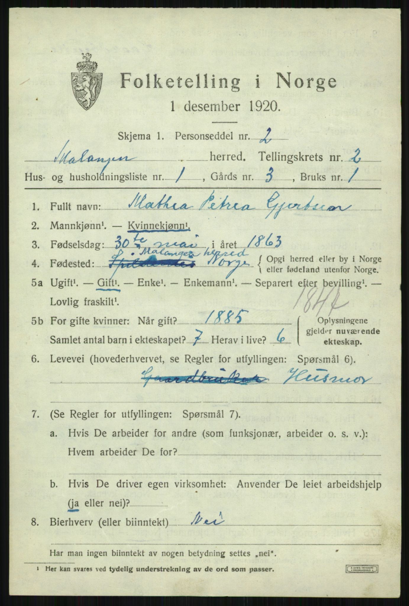 SATØ, 1920 census for Malangen, 1920, p. 815