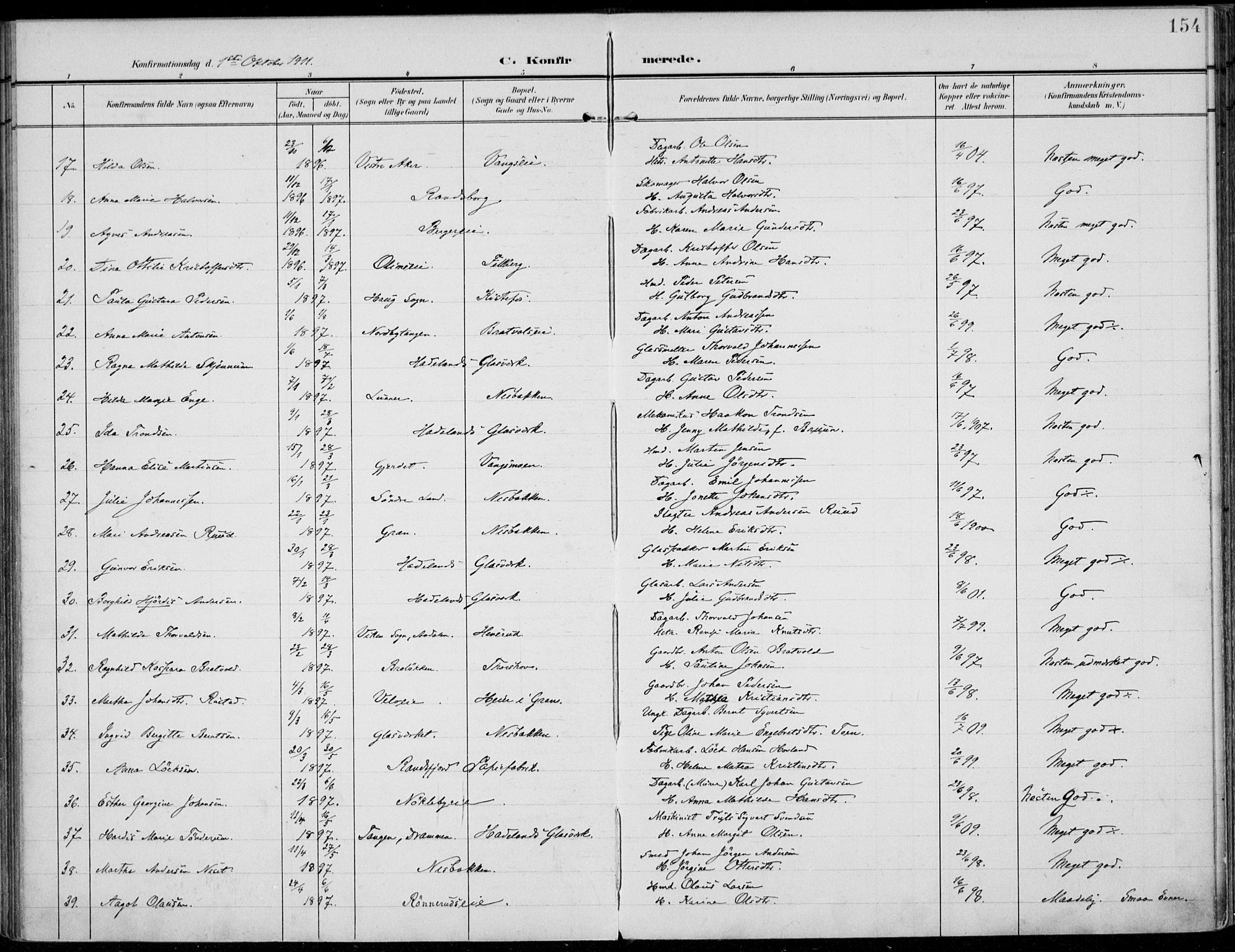 Jevnaker prestekontor, AV/SAH-PREST-116/H/Ha/Haa/L0011: Parish register (official) no. 11, 1902-1913, p. 154