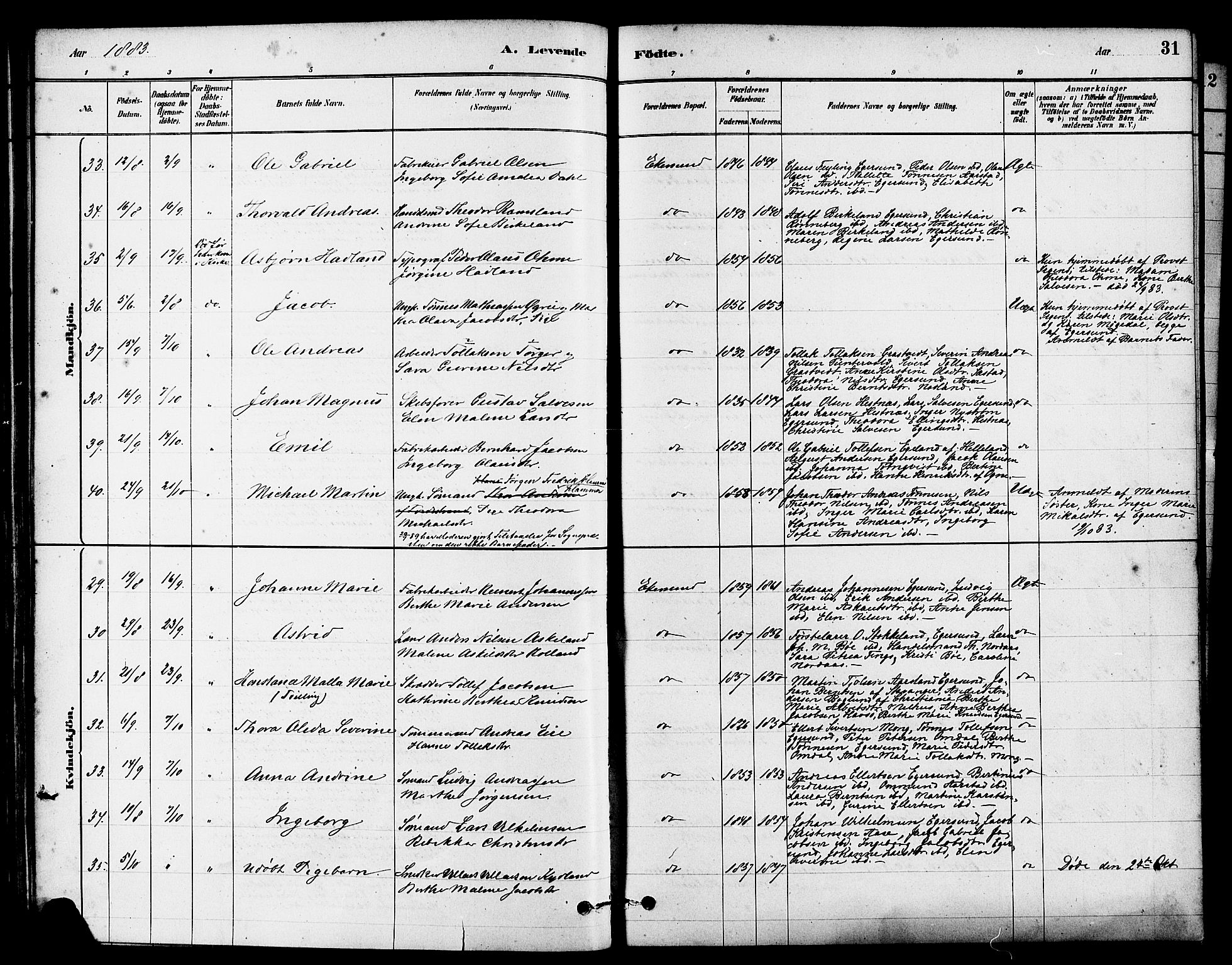 Eigersund sokneprestkontor, SAST/A-101807/S08/L0015: Parish register (official) no. A 15, 1879-1892, p. 31