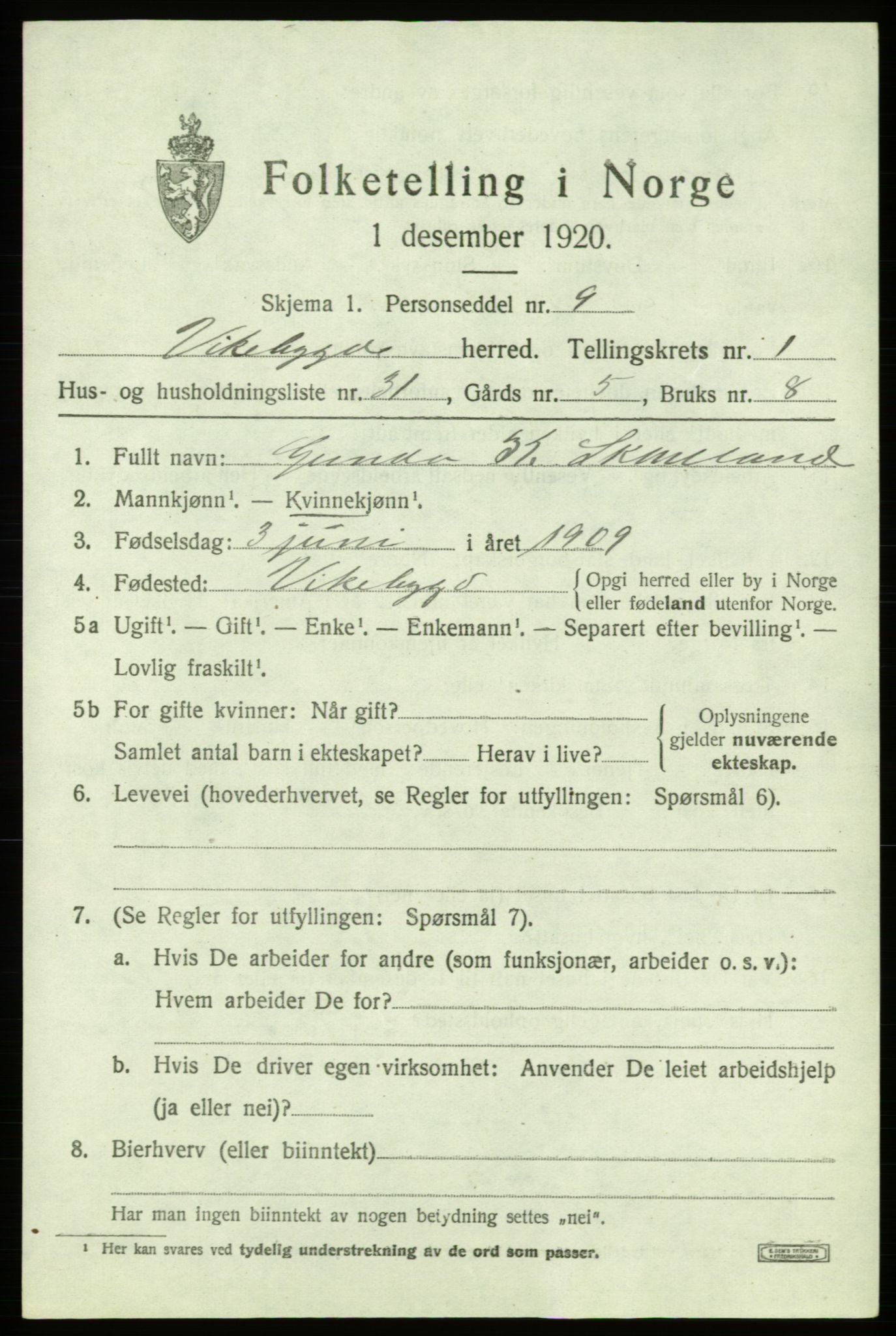 SAB, 1920 census for Vikebygd, 1920, p. 823