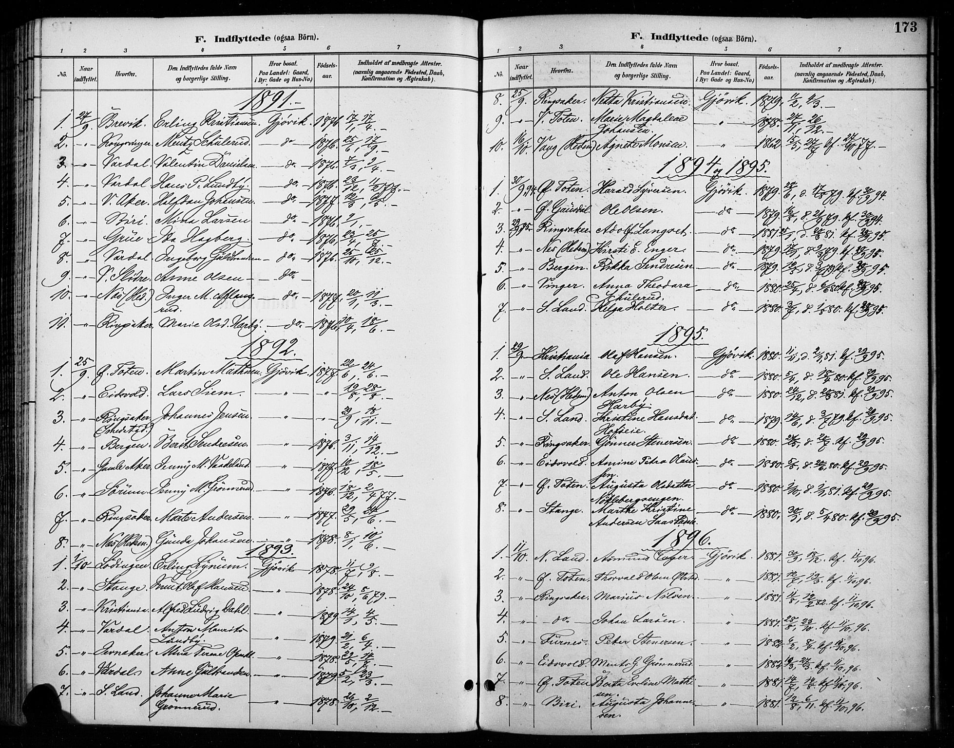 Vardal prestekontor, SAH/PREST-100/H/Ha/Haa/L0011: Parish register (official) no. 11, 1891-1901, p. 173