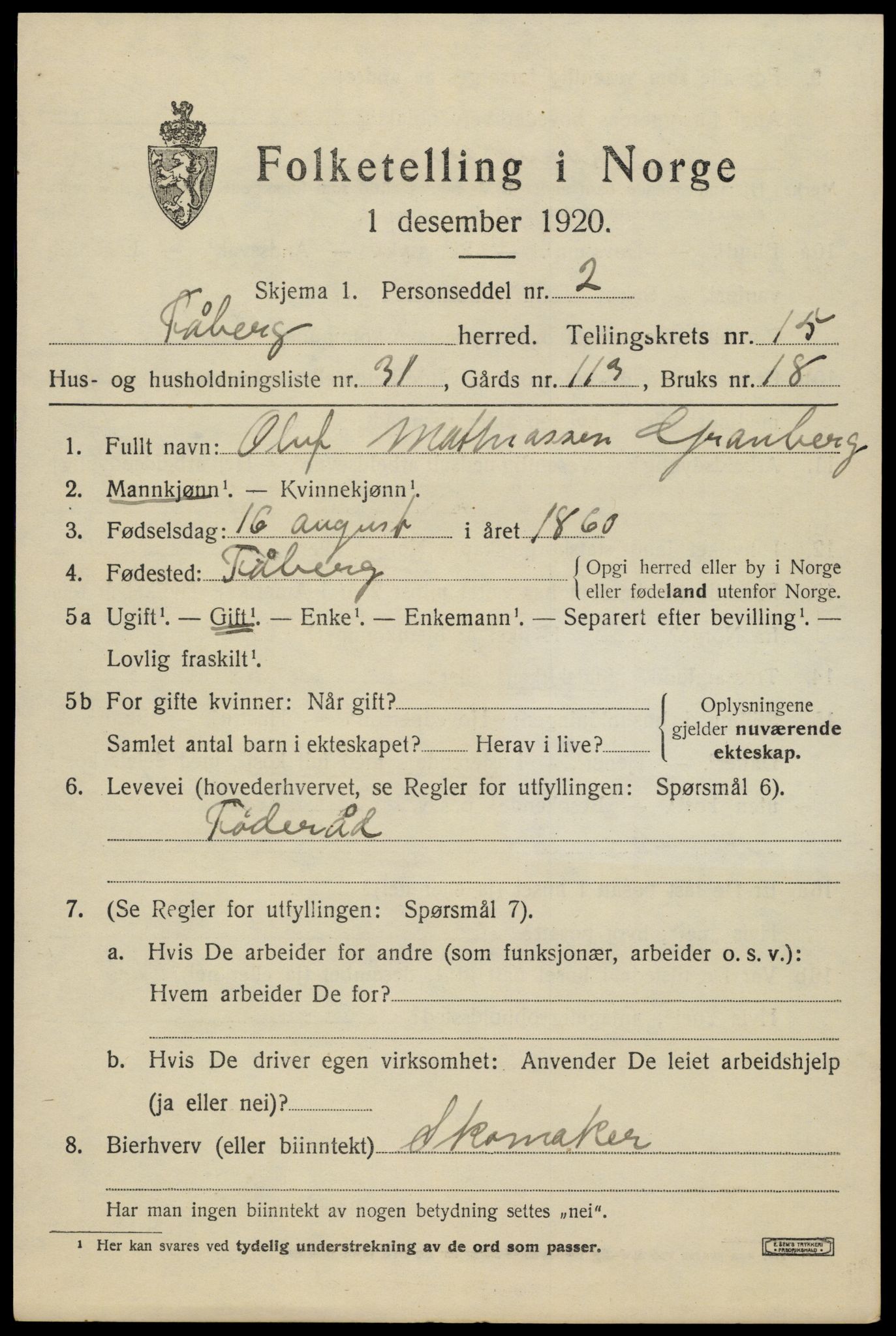 SAH, 1920 census for Fåberg, 1920, p. 15326