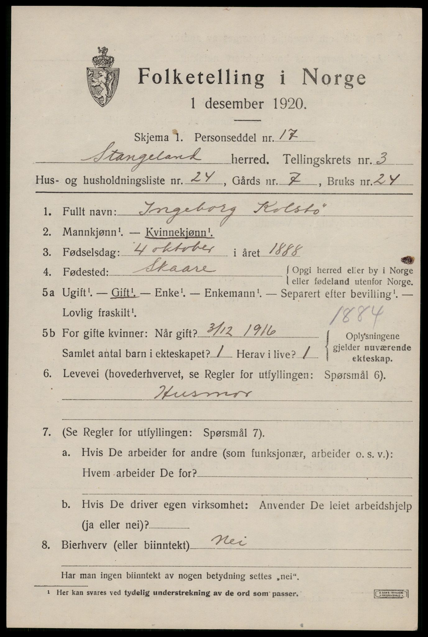 SAST, 1920 census for Stangaland, 1920, p. 2519
