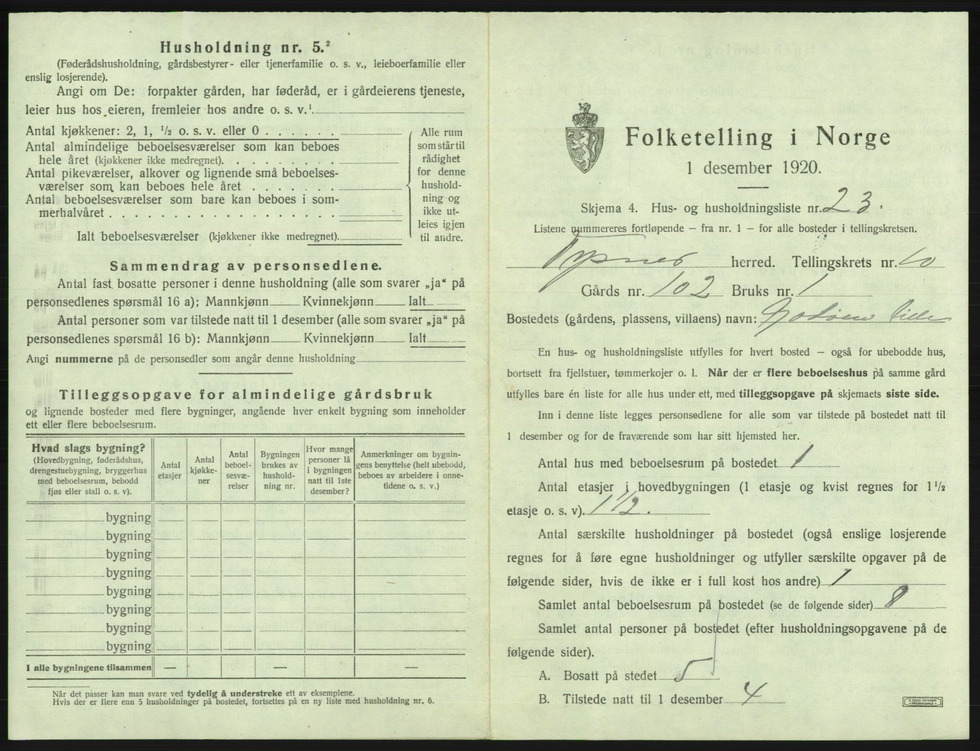 SAB, 1920 census for Tysnes, 1920, p. 1031