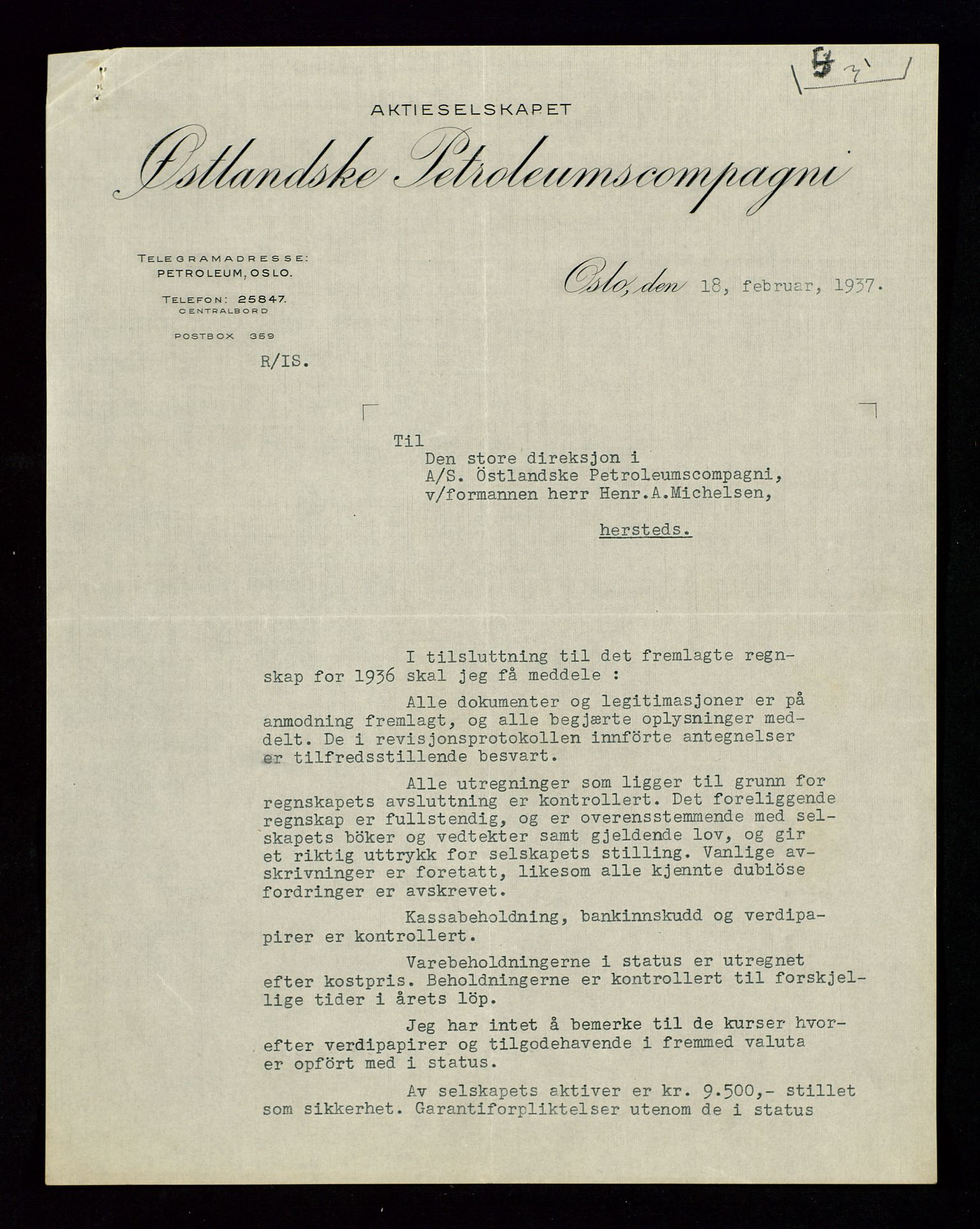 PA 1534 - Østlandske Petroleumscompagni A/S, AV/SAST-A-101954/A/Aa/L0002/0006: Generalforsamlinger. / Generalforsamling, 1937, p. 5