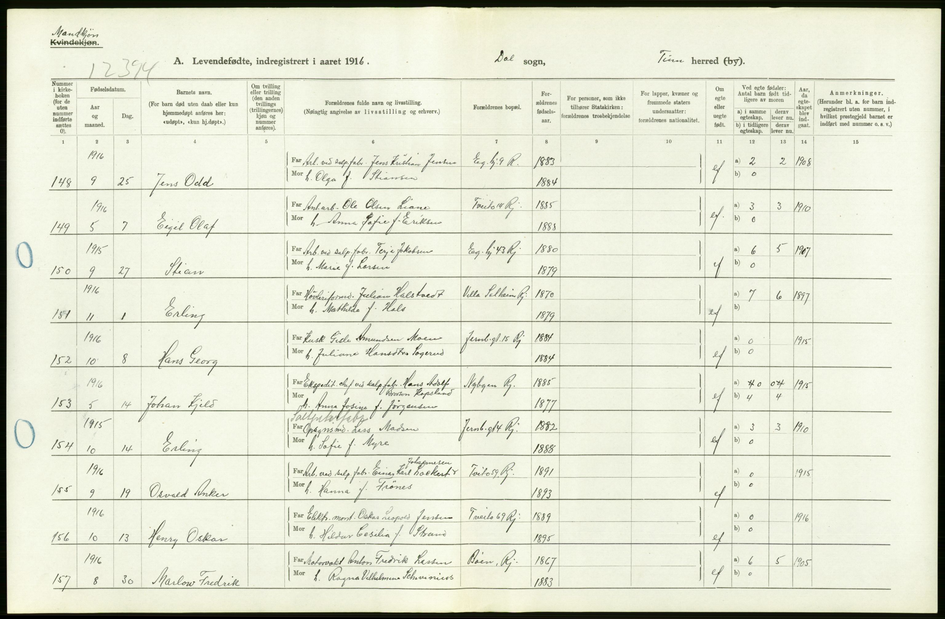 Statistisk sentralbyrå, Sosiodemografiske emner, Befolkning, RA/S-2228/D/Df/Dfb/Dfbf/L0022: Bratsberg amt: Levendefødte menn og kvinner. Bygder., 1916, p. 180