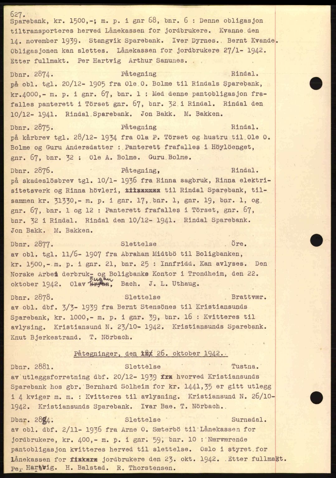 Nordmøre sorenskriveri, AV/SAT-A-4132/1/2/2Ca: Mortgage book no. C81, 1940-1945, Diary no: : 2874/1942