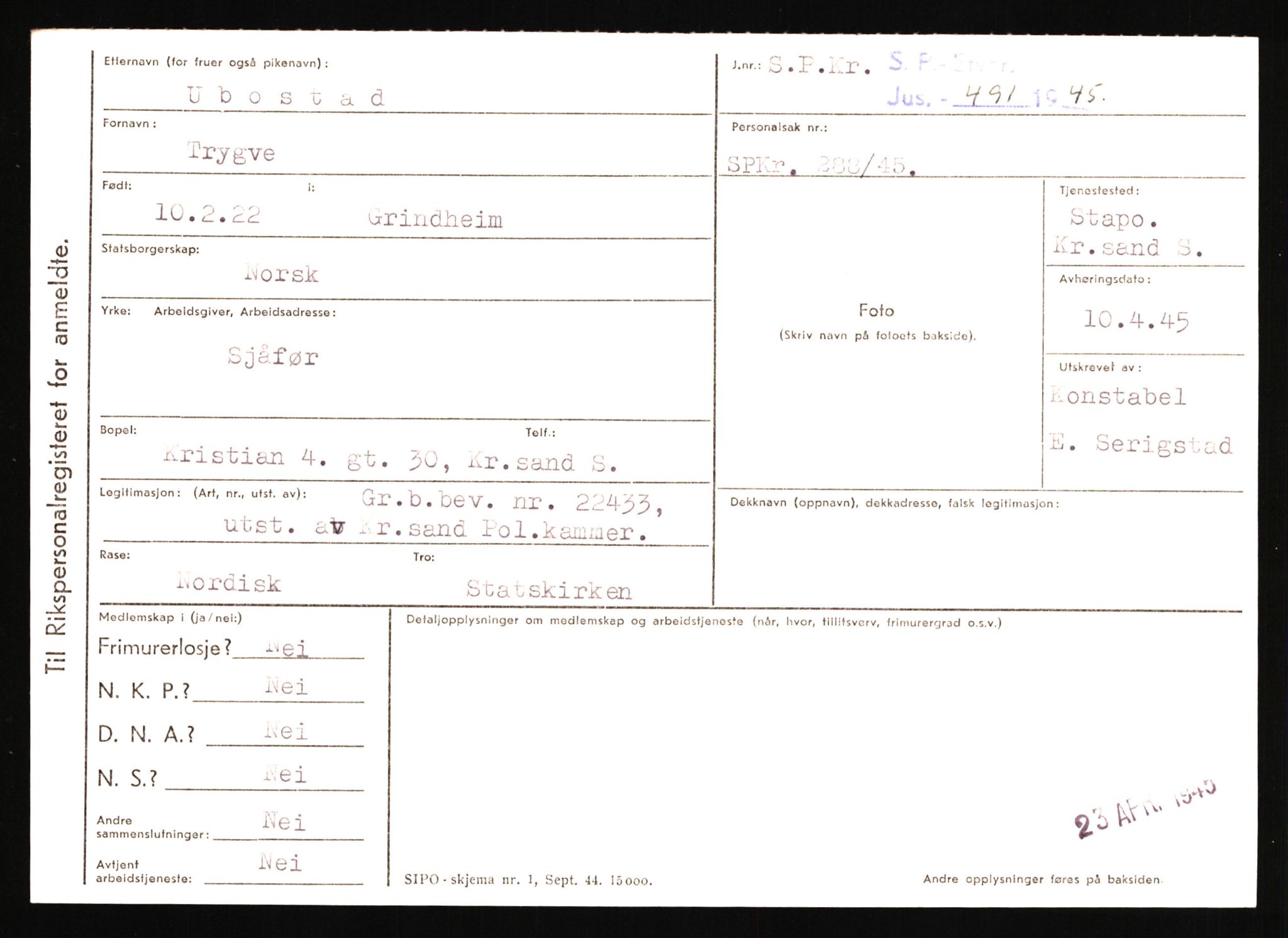 Statspolitiet - Hovedkontoret / Osloavdelingen, AV/RA-S-1329/C/Ca/L0016: Uberg - Øystese, 1943-1945, p. 8