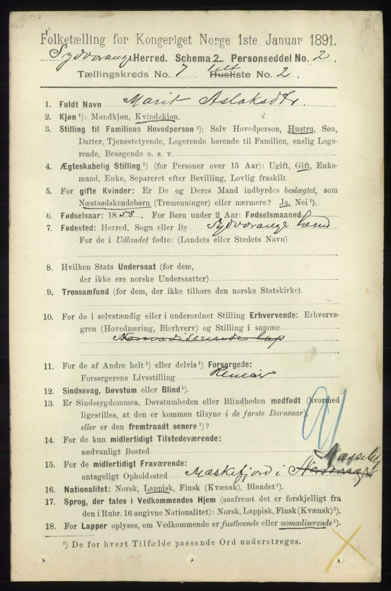 RA, 1891 census for 2030 Sør-Varanger, 1891, p. 2256