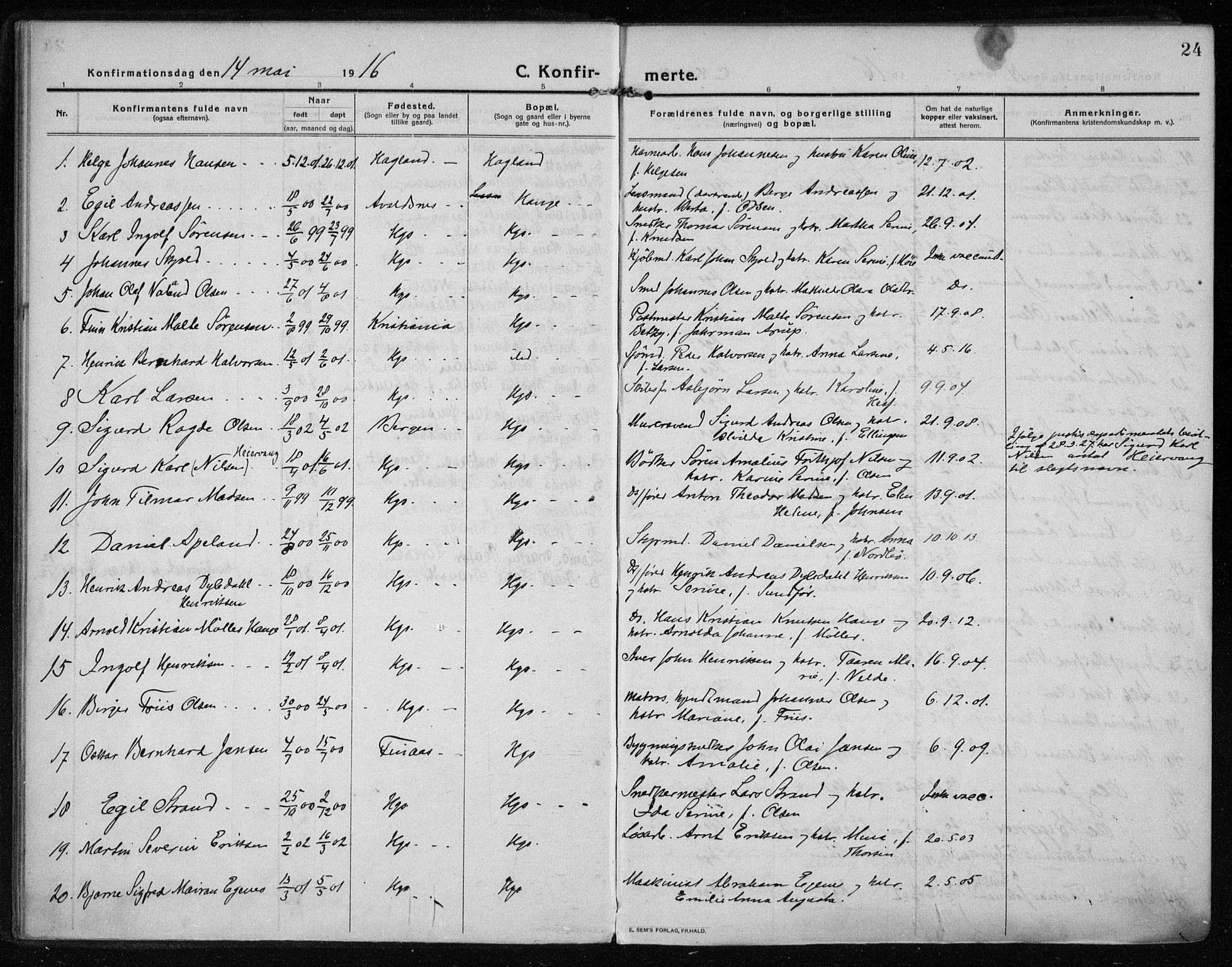 Haugesund sokneprestkontor, AV/SAST-A -101863/H/Ha/Haa/L0009: Parish register (official) no. A 9, 1914-1929, p. 24