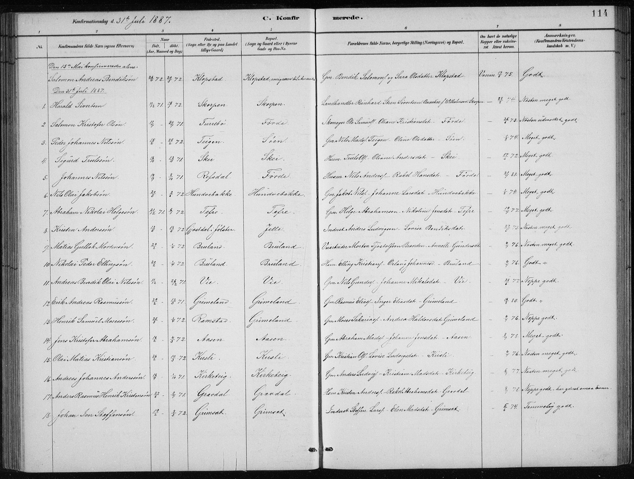 Førde sokneprestembete, AV/SAB-A-79901/H/Hab/Haba/L0002: Parish register (copy) no. A 2, 1881-1898, p. 114