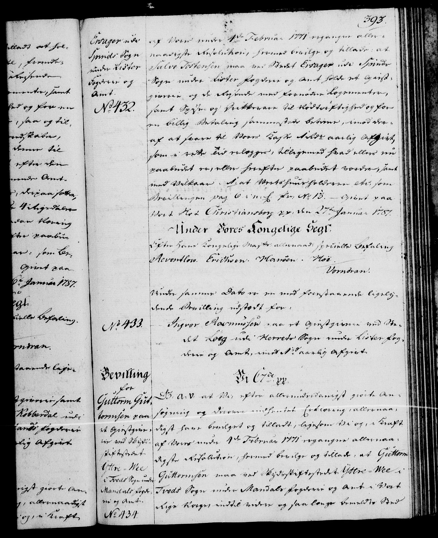 Rentekammeret, Kammerkanselliet, RA/EA-3111/G/Gg/Gga/L0013: Norsk ekspedisjonsprotokoll med register (merket RK 53.13), 1784-1787, p. 393