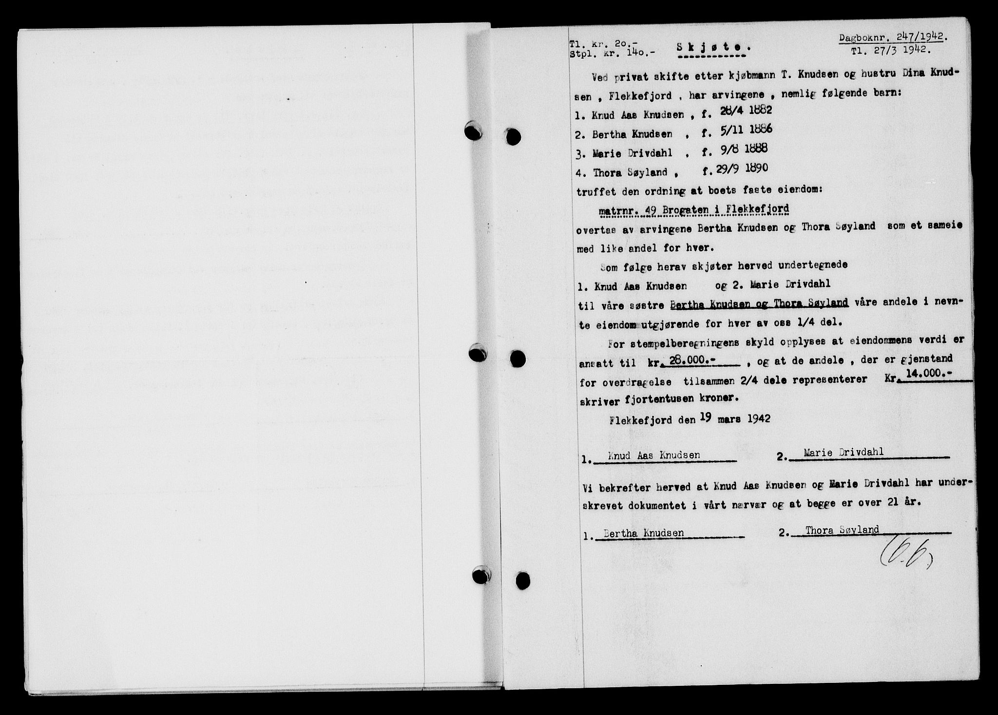 Flekkefjord sorenskriveri, AV/SAK-1221-0001/G/Gb/Gba/L0057: Mortgage book no. A-5, 1941-1942, Diary no: : 247/1942