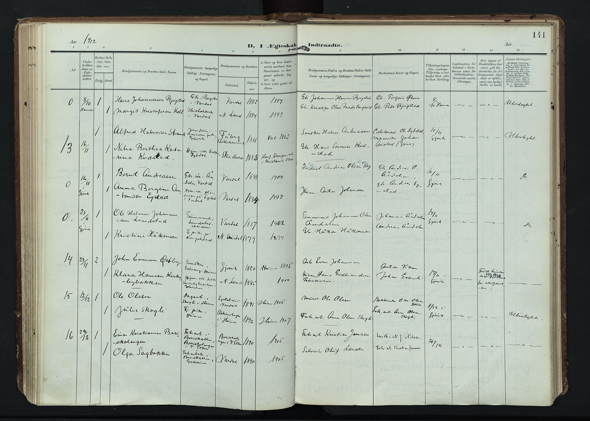 Vardal prestekontor, SAH/PREST-100/H/Ha/Haa/L0020: Parish register (official) no. 20, 1907-1921, p. 141