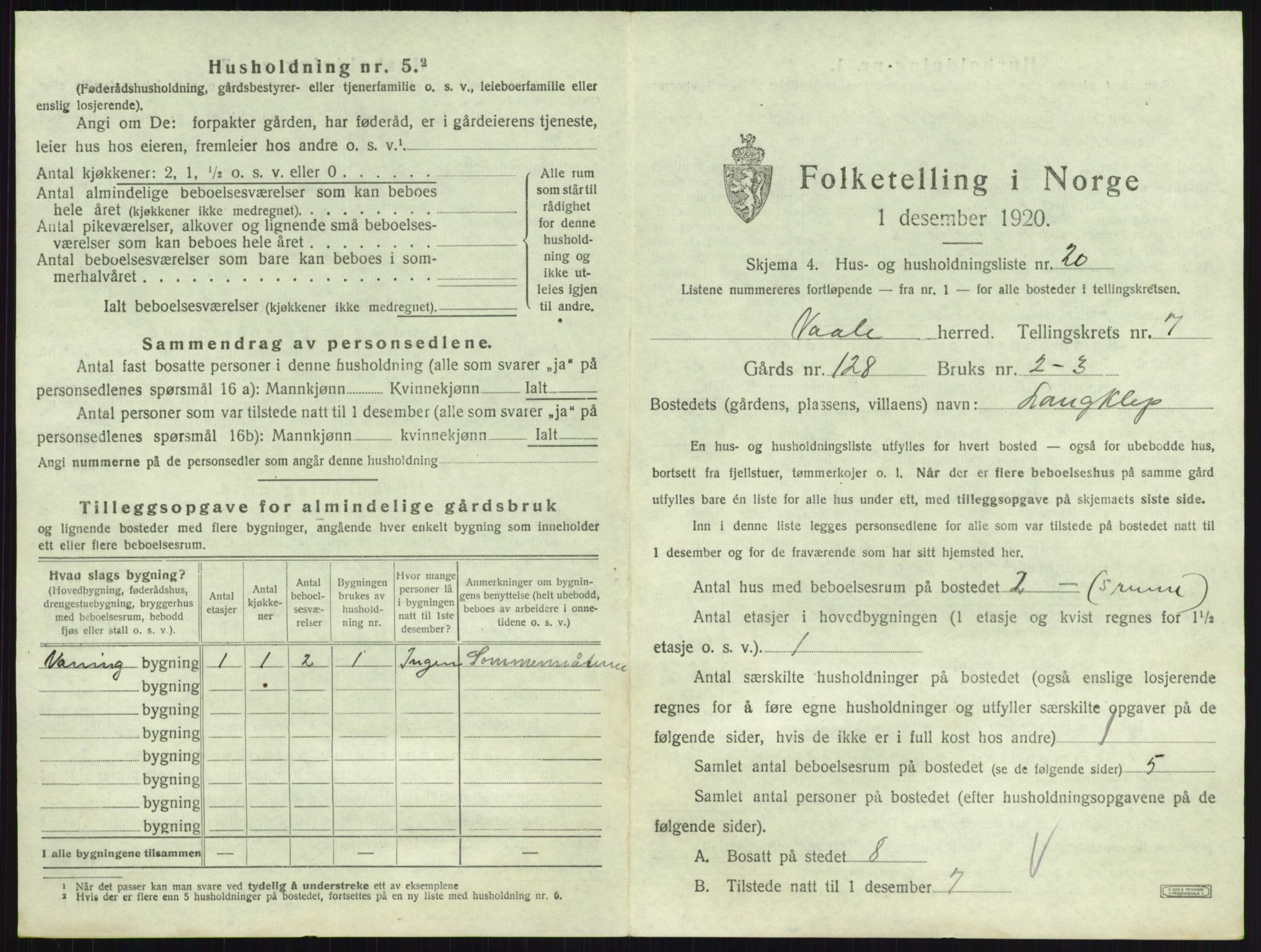 SAKO, 1920 census for Våle, 1920, p. 895