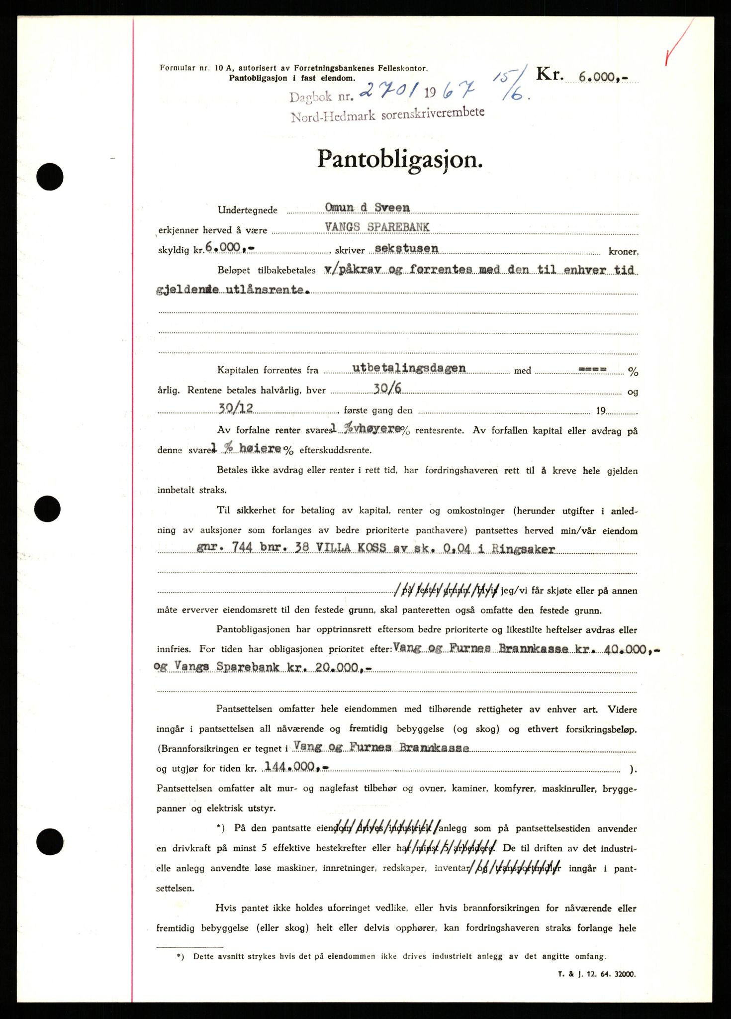 Nord-Hedmark sorenskriveri, SAH/TING-012/H/Hb/Hbf/L0071: Mortgage book no. B71, 1967-1967, Diary no: : 2701/1967