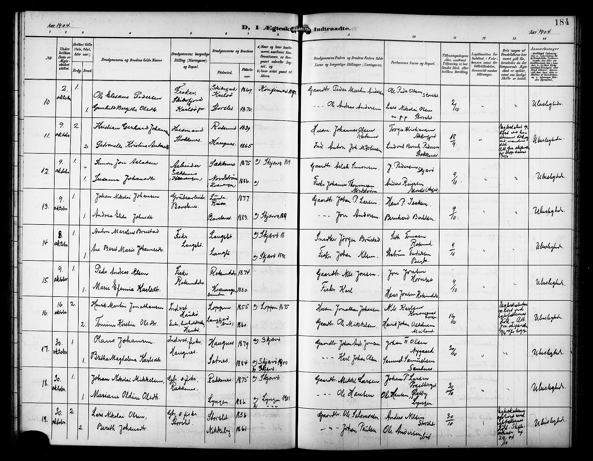 Skjervøy sokneprestkontor, AV/SATØ-S-1300/H/Ha/Hab/L0008klokker: Parish register (copy) no. 8, 1900-1910, p. 184