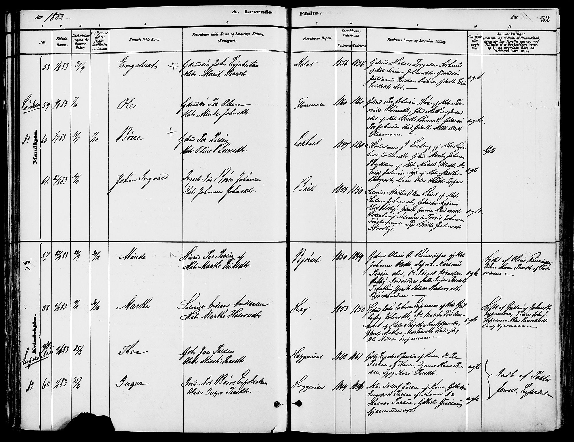 Trysil prestekontor, AV/SAH-PREST-046/H/Ha/Haa/L0008: Parish register (official) no. 8, 1881-1897, p. 52