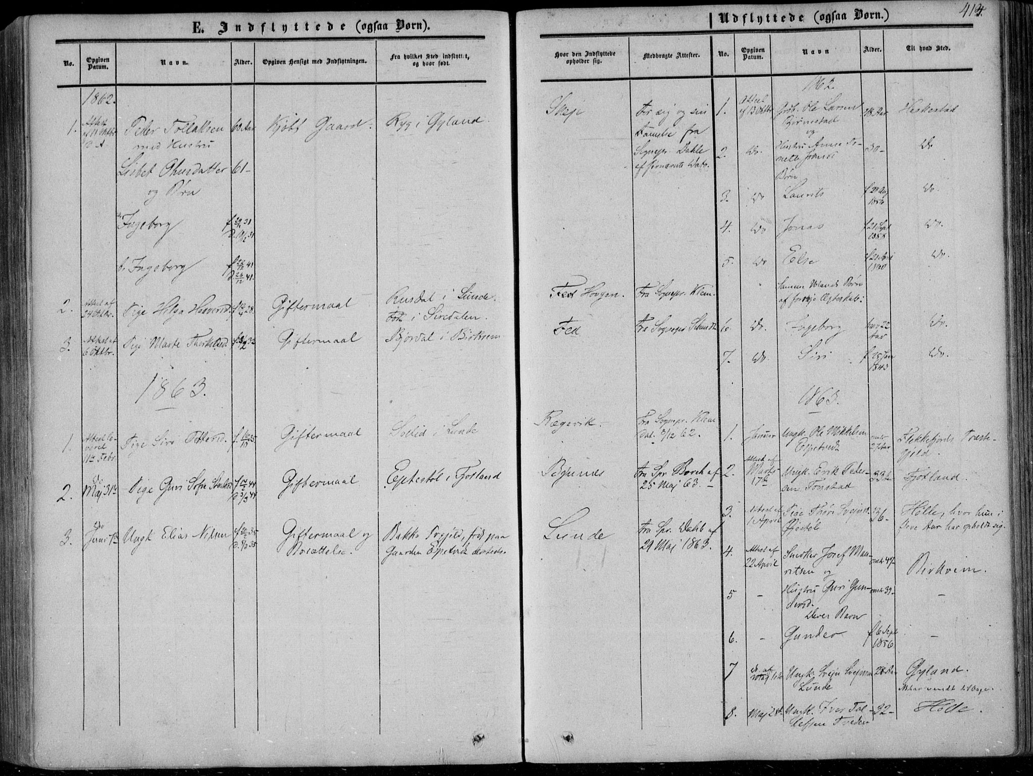 Sirdal sokneprestkontor, AV/SAK-1111-0036/F/Fa/Fab/L0002: Parish register (official) no. A 2, 1855-1874, p. 414