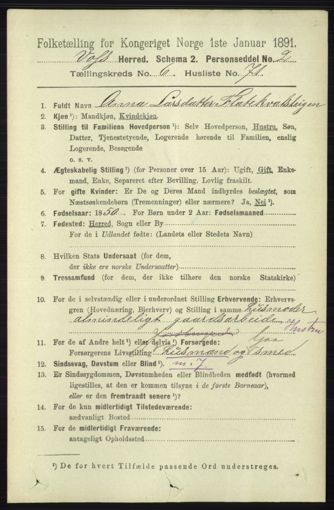 RA, 1891 census for 1235 Voss, 1891, p. 3724