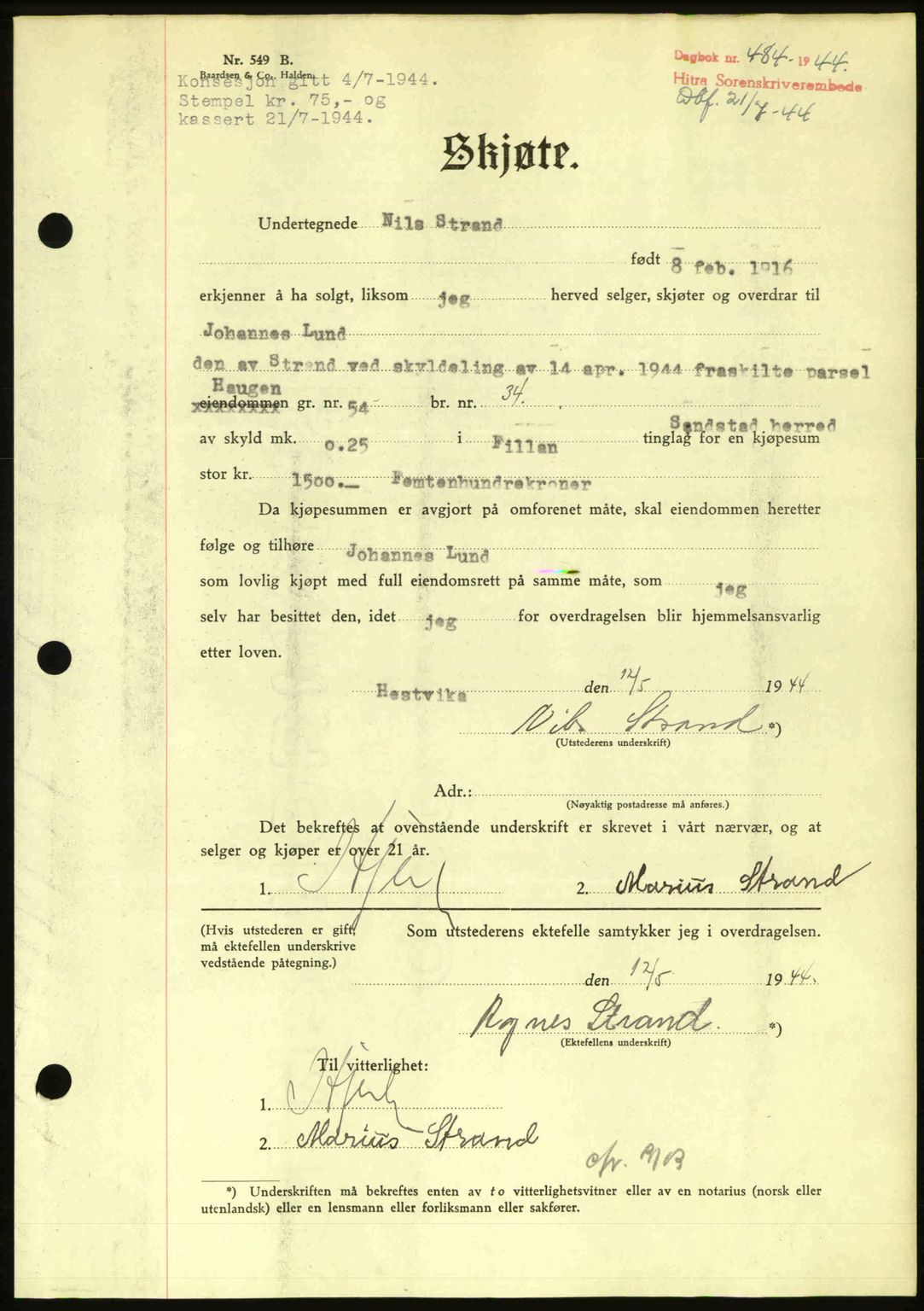 Hitra sorenskriveri, AV/SAT-A-0018/2/2C/2Ca: Mortgage book no. A2, 1943-1945, Diary no: : 484/1944