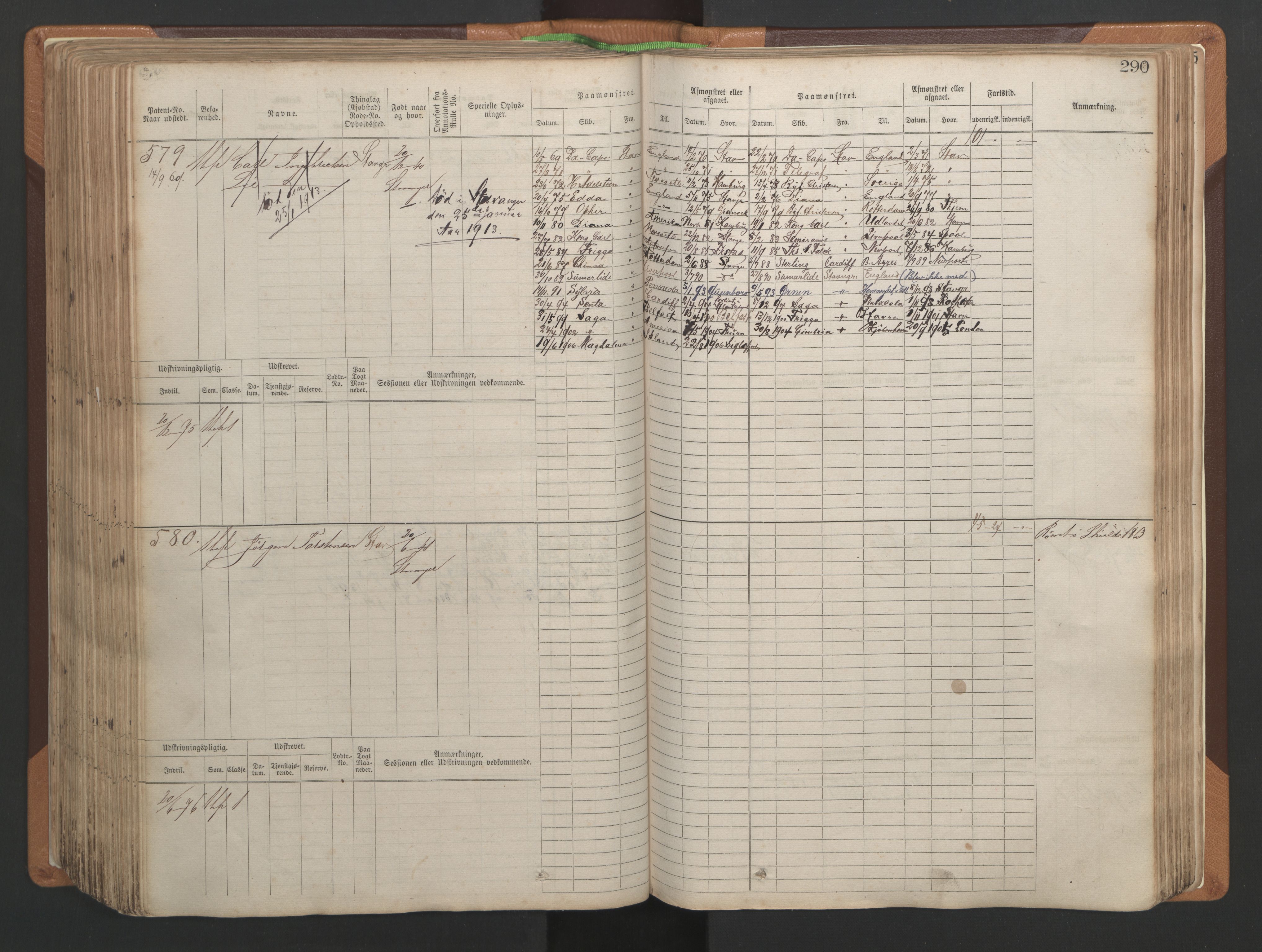 Stavanger sjømannskontor, AV/SAST-A-102006/F/Fb/Fbb/L0004: Sjøfartshovedrulle, patentnr. 1-792 (del 1), 1869-1880, p. 296