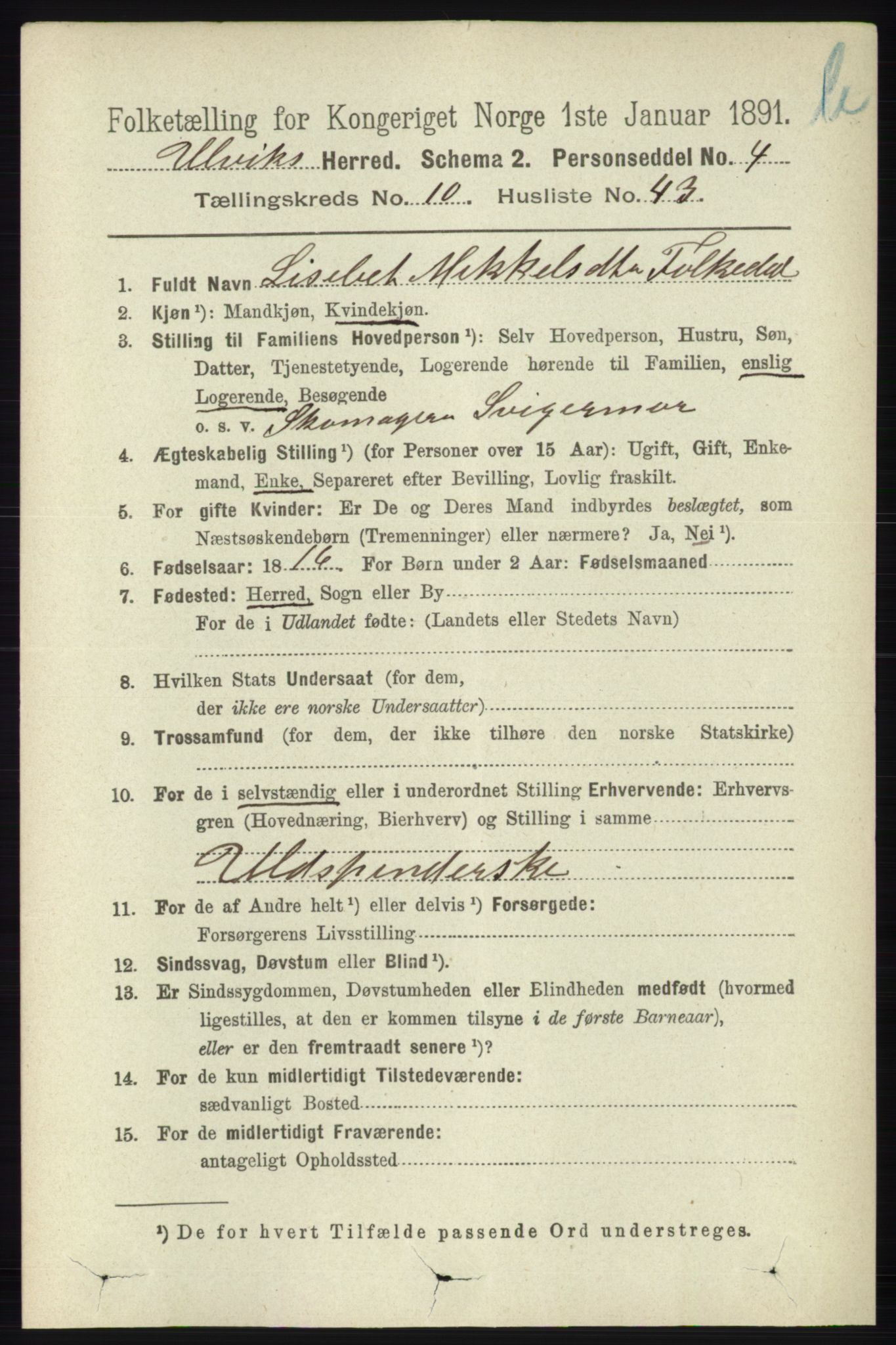 RA, 1891 census for 1233 Ulvik, 1891, p. 3430