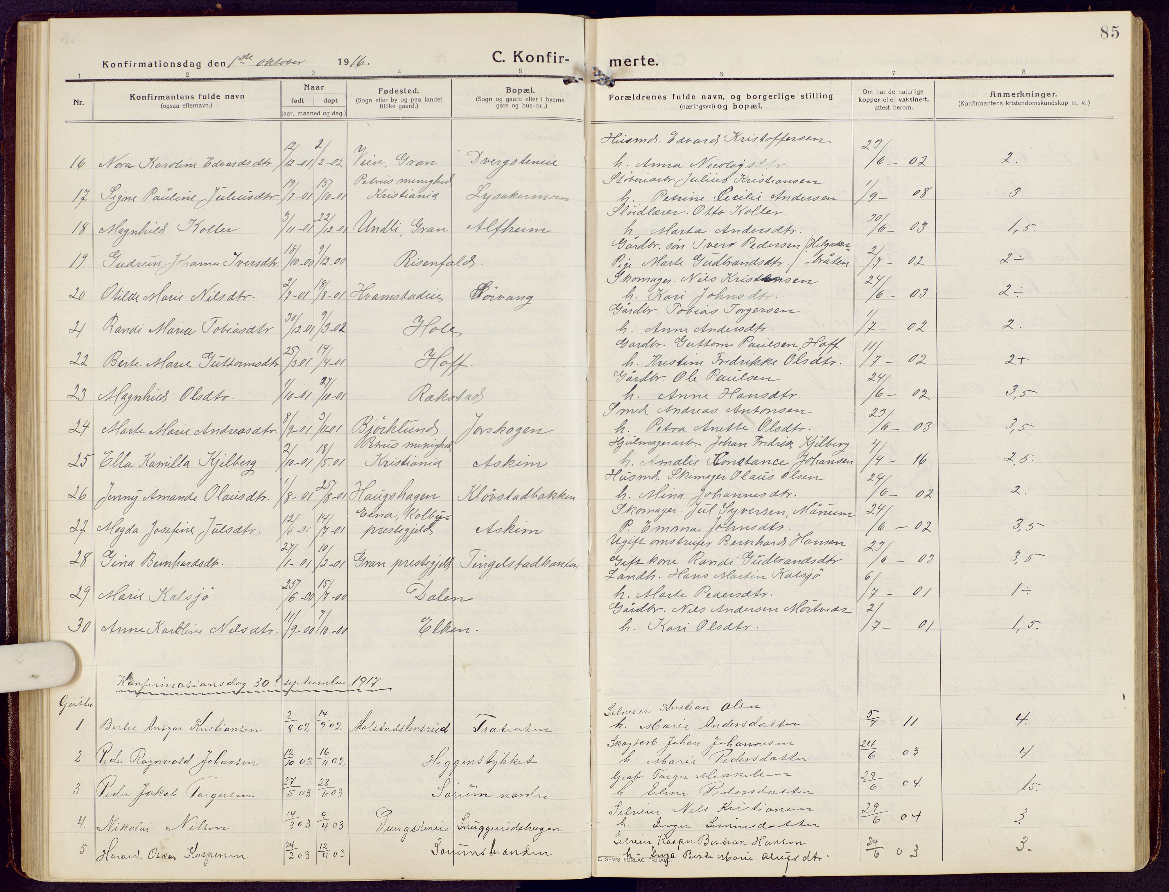 Brandbu prestekontor, SAH/PREST-114/H/Ha/Hab/L0010: Parish register (copy) no. 10, 1916-1930, p. 85