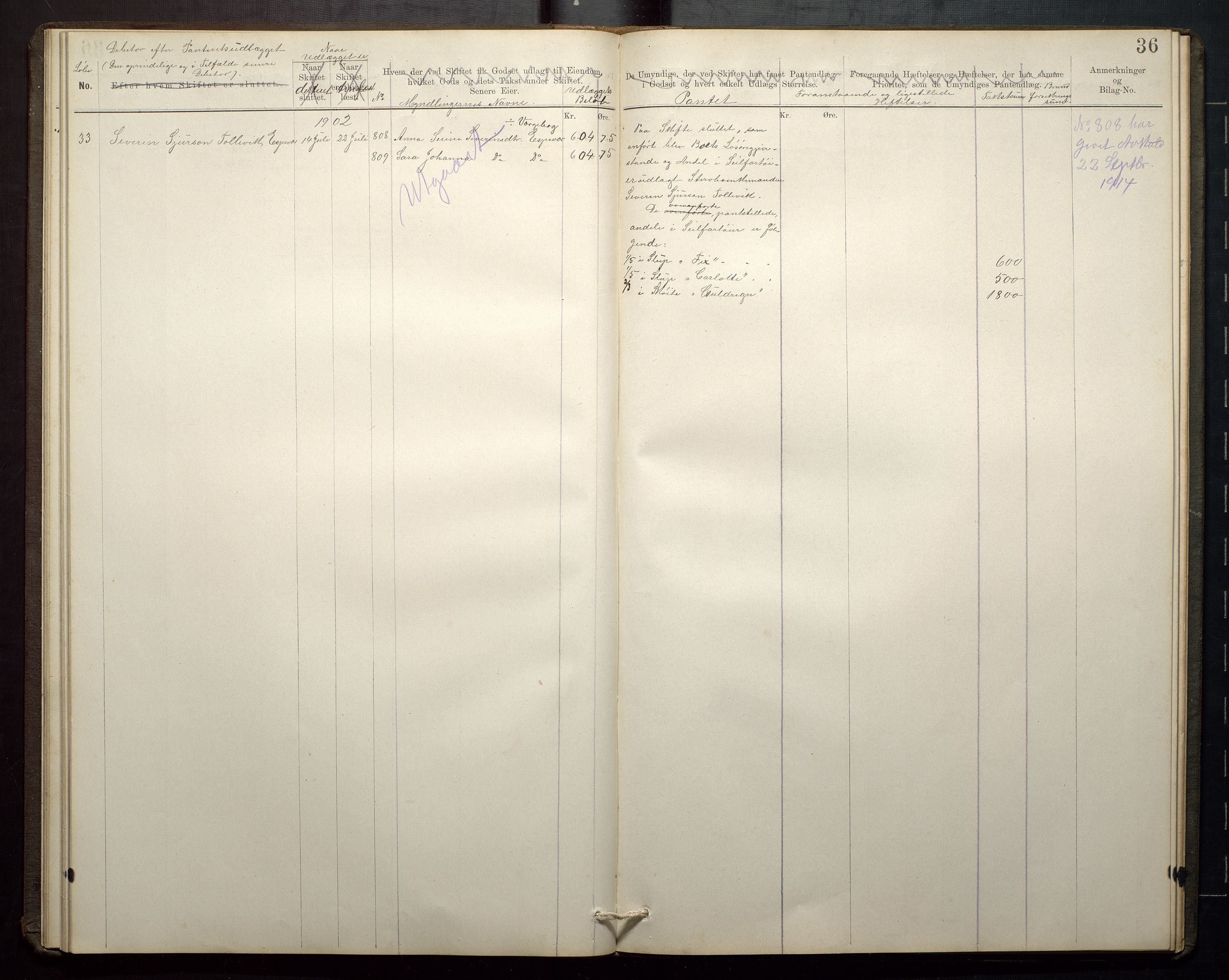 Finnaas kommune. Overformynderiet, IKAH/1218a-812/G/Ga/Gaa/L0001: Skifteutleggsprotokoll for Finnås overformynderi, 1877-1920, p. 36