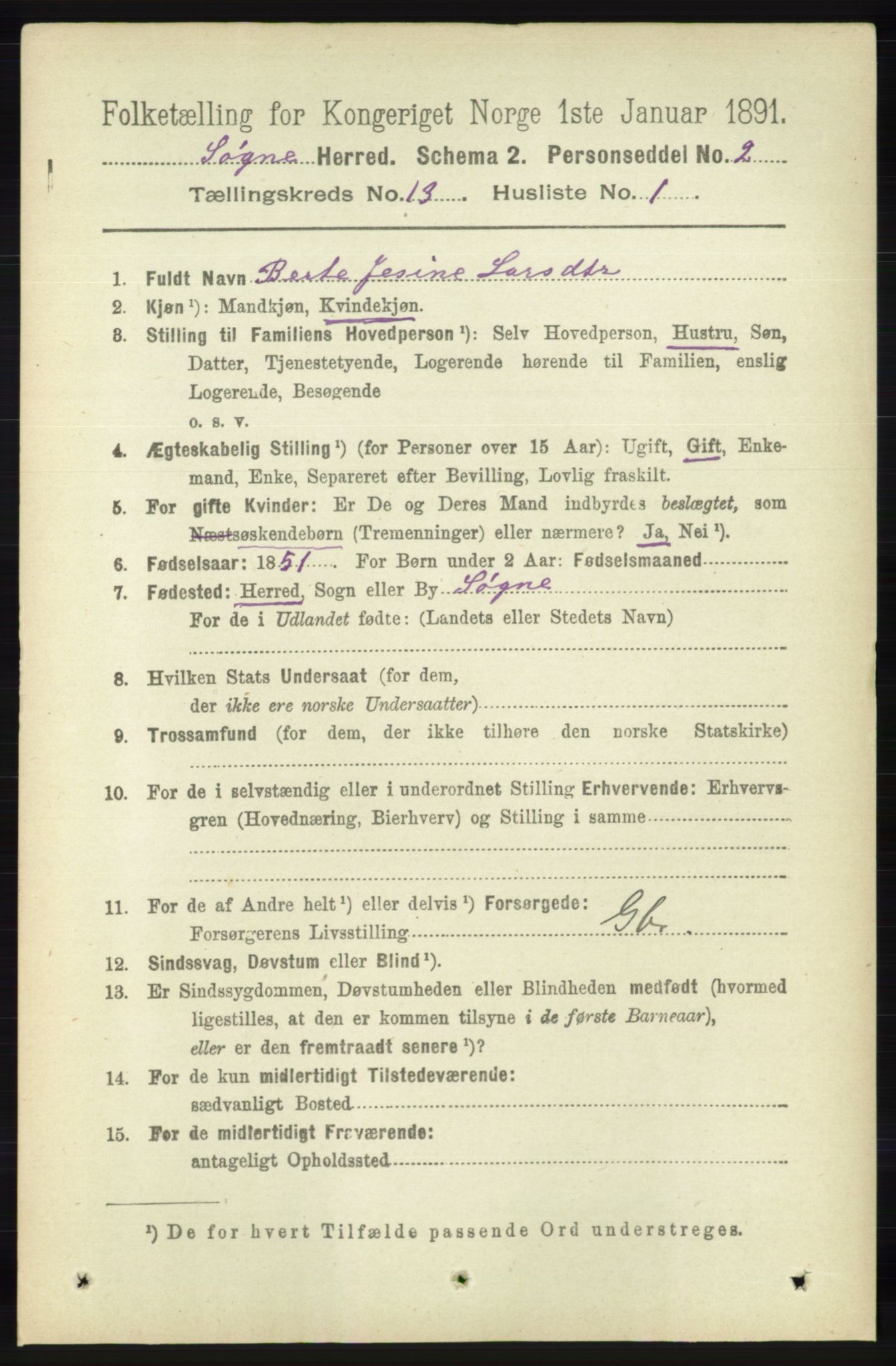 RA, 1891 census for 1018 Søgne, 1891, p. 3213