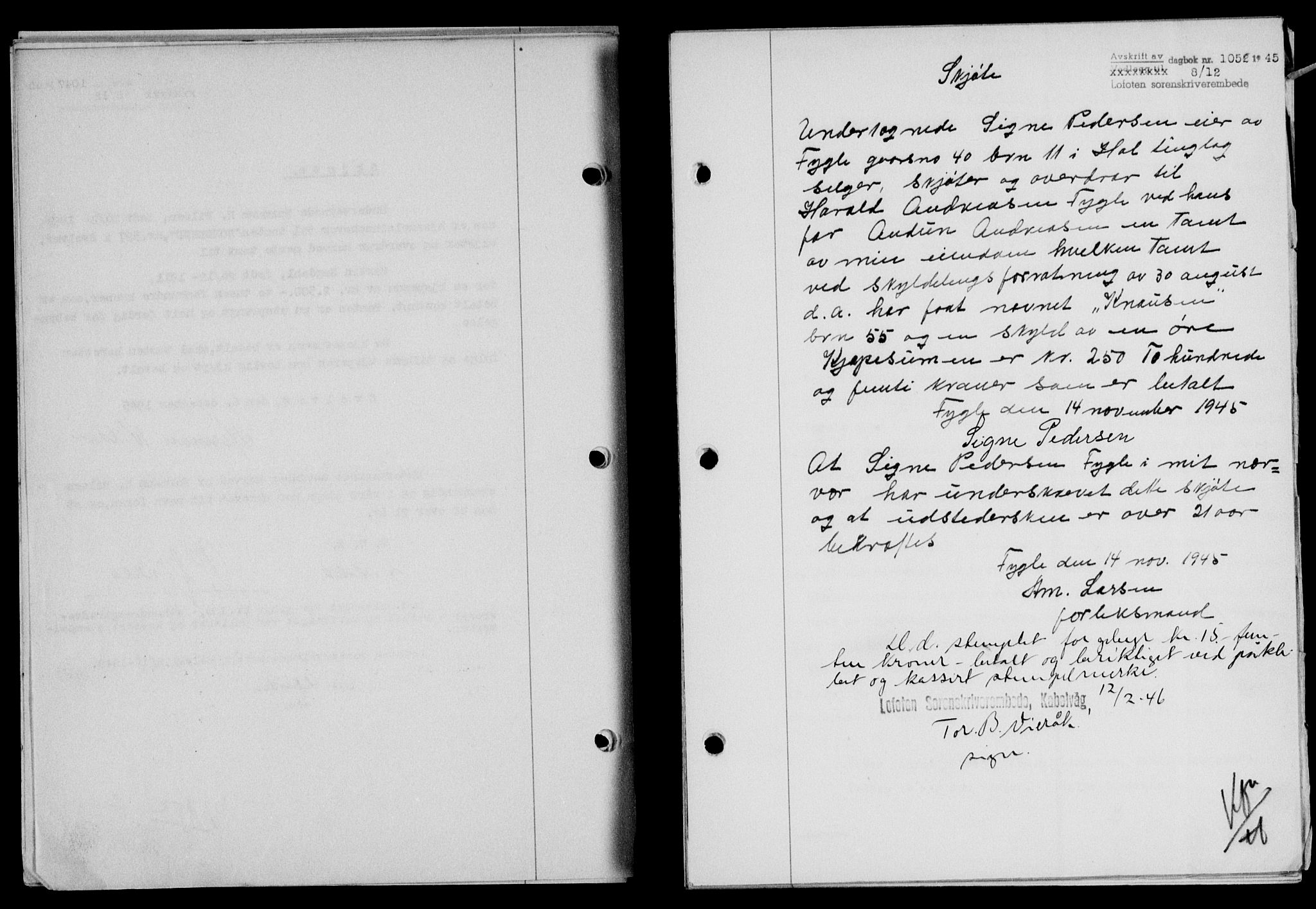 Lofoten sorenskriveri, SAT/A-0017/1/2/2C/L0013a: Mortgage book no. 13a, 1944-1946, Diary no: : 1052/1945