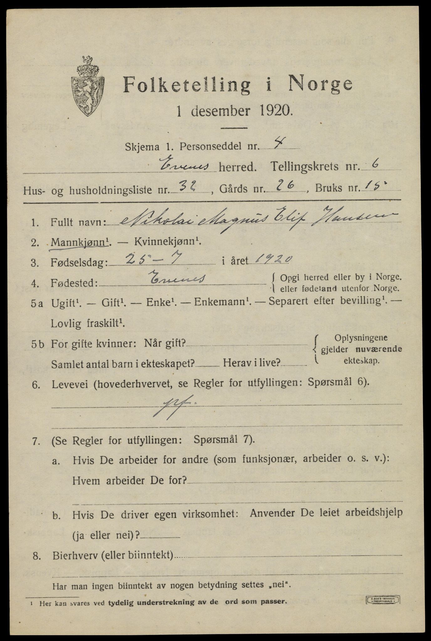 SAT, 1920 census for Evenes, 1920, p. 5850