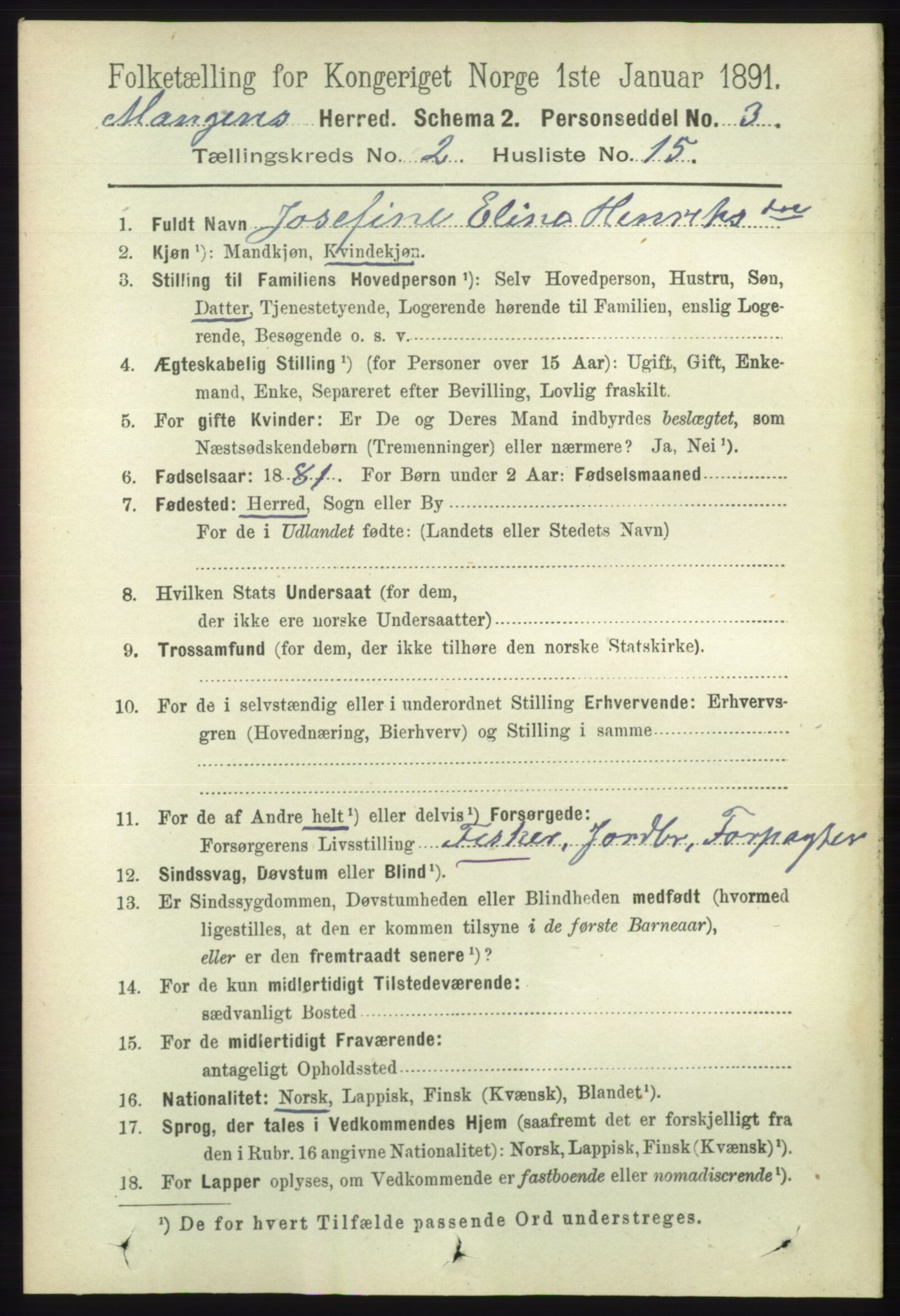 RA, 1891 census for 1932 Malangen, 1891, p. 541